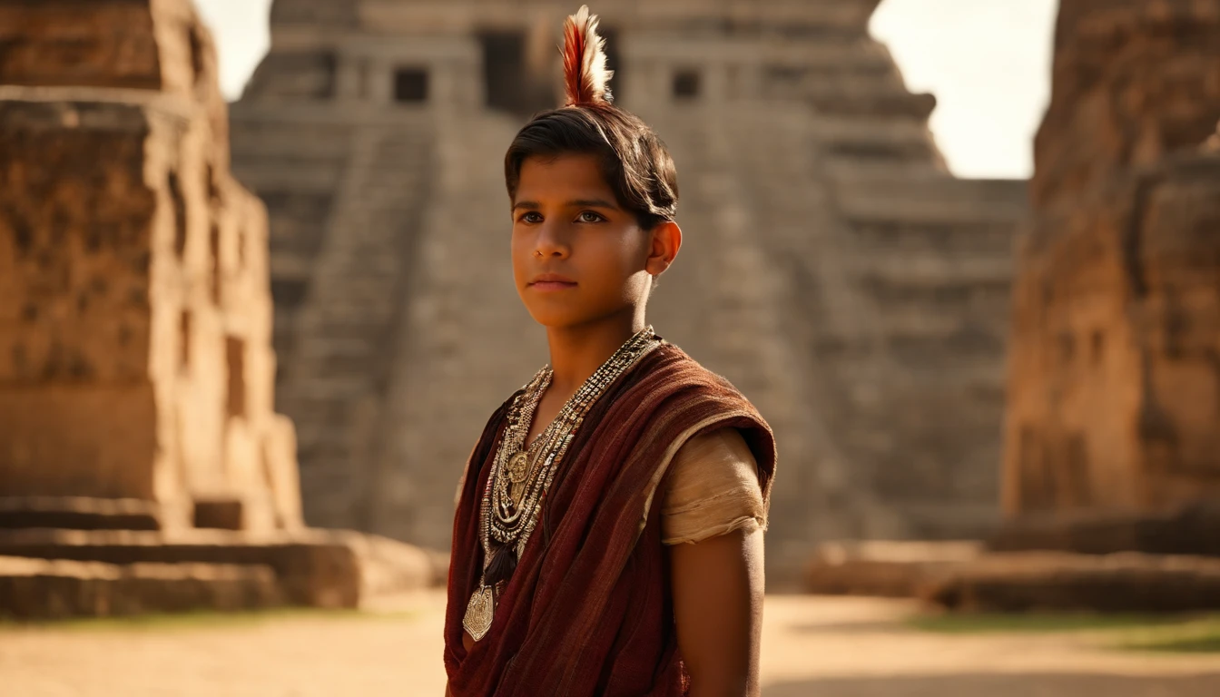 Create a photorealistic image of a handsome 18-year-old Mayan-Indian boy, dressed in the attire of that era, standing against the backdrop of an ancient Mayan city. Masterpiece, Best Quality, Film Stills, Realistic, (Masterpiece, Top Quality, Best Quality, Official Art,), Very Detailed, Most Detailed, (1boy:1.3),  High Resolution, Hair Accessories, Necklace, Jewelry, Handsome, 8K UHD, DSLR, Soft Light, High Quality, Volume Lighting