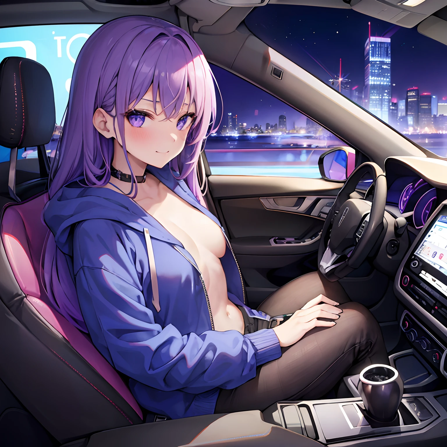Uber Driver, Girl, Purple Haired, Smirks, Holding Steering Wheel, Blue Hoodie, Big chest, Blushing, Night, Hill, Bra, Covered chest