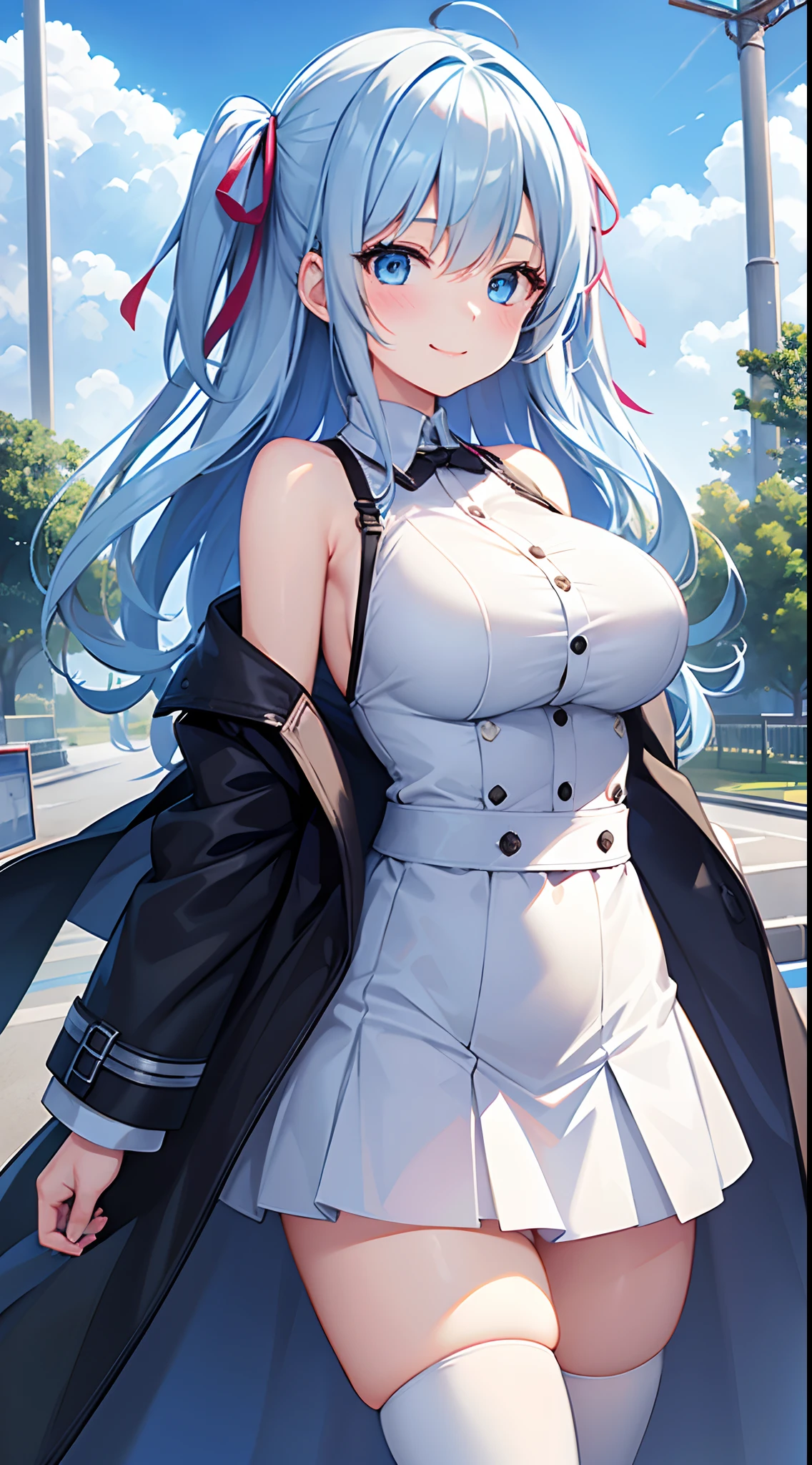 (solo), (416_GirlsFrontline), skinny girl, BREAK, (bursting huge breasts:1.3), narrow shoulders, narrow waist, (skinny long legs), BREAK, (dark purple jacket), (very short high-waist skirt), thigh gap, (black thighhighs), BREAK, smile for viewer, embarrassed, nose blush, (orgasm)