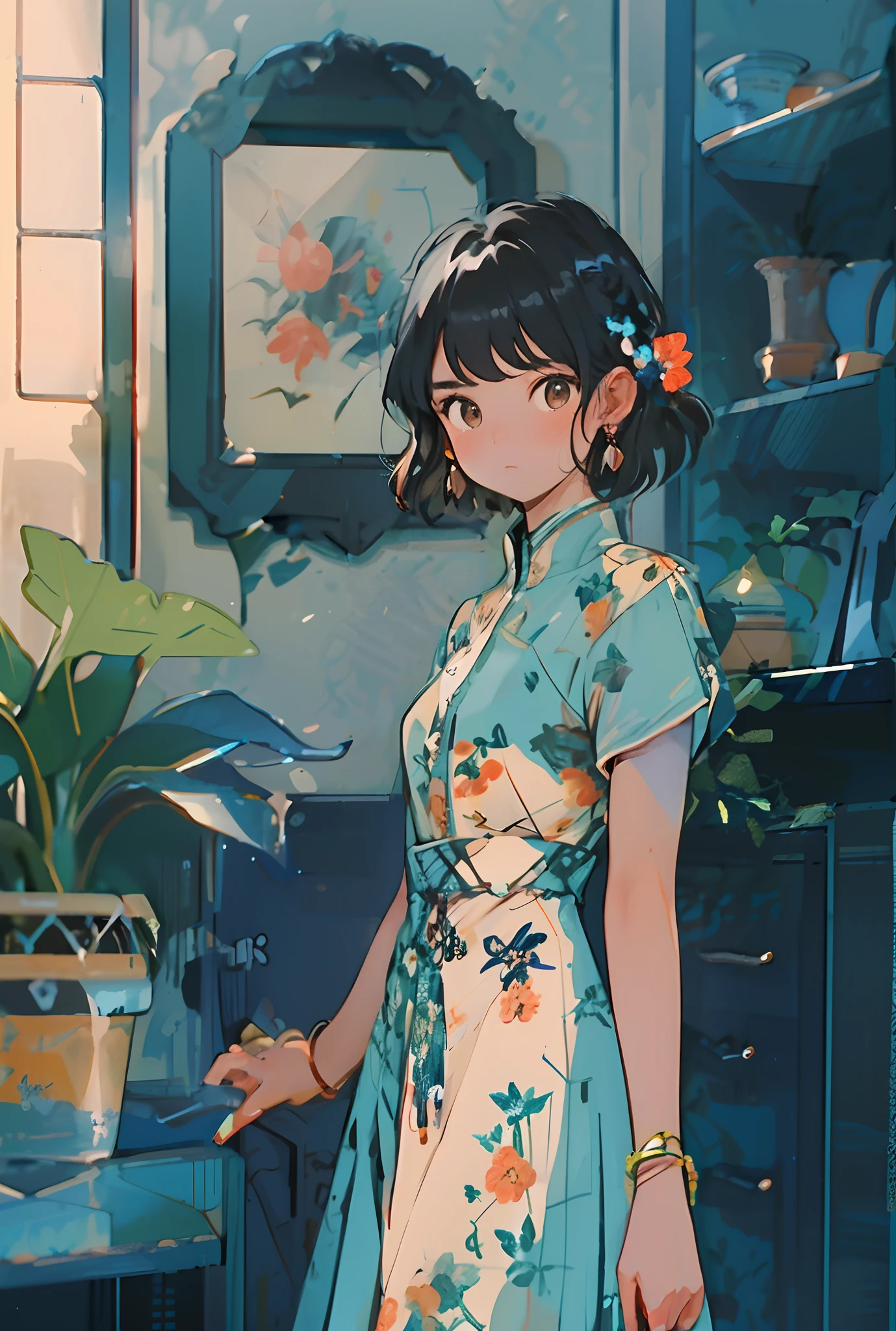 1girl, plant, solo, jewelry, earrings, potted plant, black hair, dress, looking at viewer, short sleeves, bangs, blush, brown eyes, floral print, indoors, bracelet, standing, shelf, short hair, hair ornament, print dress, nail polish, blue dress, medium hair, braid, chinese clothes, closed mouth