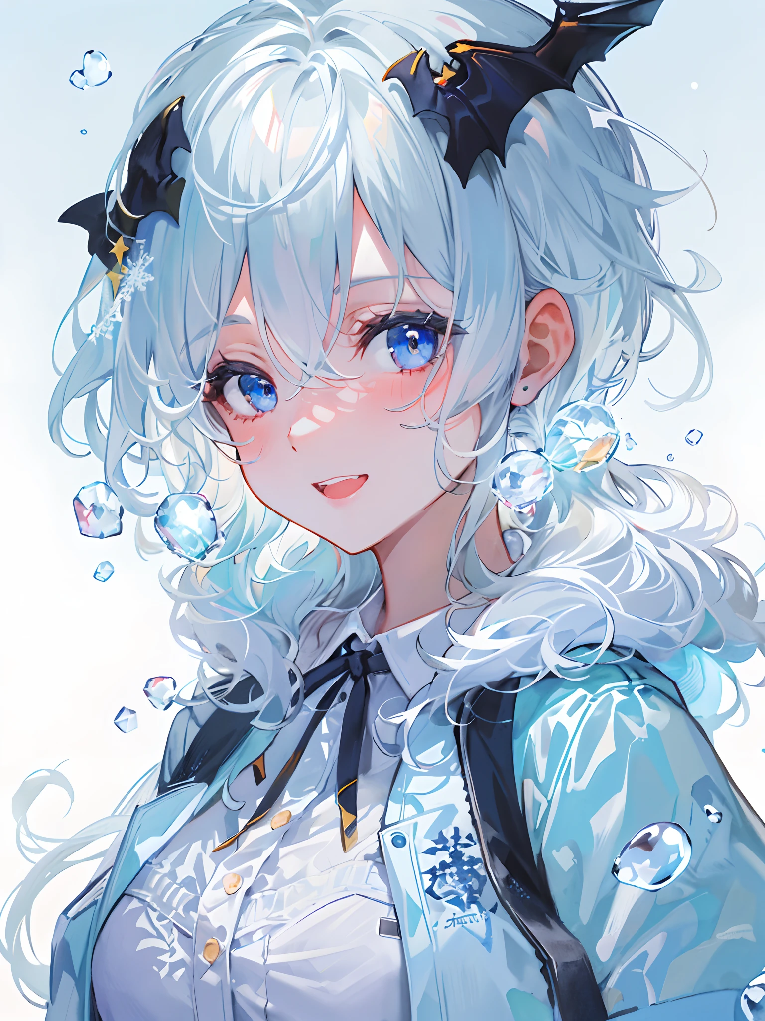 ((top-quality)), ((masterpiece)), ((ultra-detailliert)), (Extremely delicate and beautiful), girl with, 独奏, cold attitude,((Black jacket)),She is very(relax)with the(Settled down)Looks,A dark-haired, depth of fields,Evil smile,Bubble, under the water, Air bubble,bright light blue eyes,inner color with bright gray hair and light blue tips,,,,,,,,,,,,,,,,,,Cold background,Bob Hair - Linear Art, shortpants、knee high socks、White uniform like school uniform、Light blue ribbon ties、Clothes are sheer、Hands in pockets、Bright eyes like sapphire,Fronllesse Blue, A small blue light was floating、Upper Eyes、glass shards、Snowflake Hair Ornament, Halloween, Orange pumpkin、Jack-o'-lantern、Orange and light blue odd eye, Vampire costume、canine teeth、