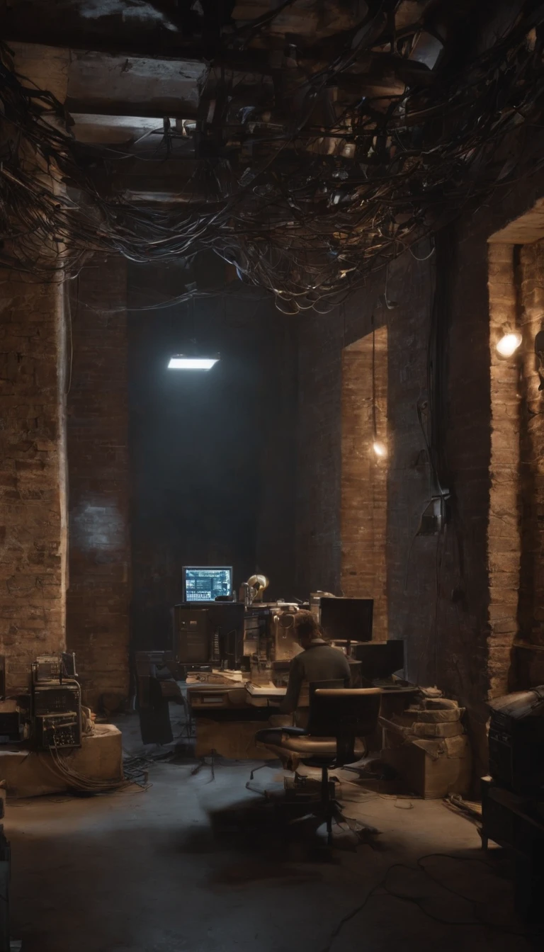 Realistic, personality: [Inside the run-down brick building, the camera pans slowly to reveal a gloomy and labyrinthine network of computers, screens, and wires. The room is dimly lit, with the workers hunched over their computers, their faces masked in fear. Use hyperrealistic visuals to depict the complexity and interconnectedness of the network, with tangled wires and blinking lights. The workers should appear small and vulnerable in contrast to the vastness of the technology surrounding them] unreal engine