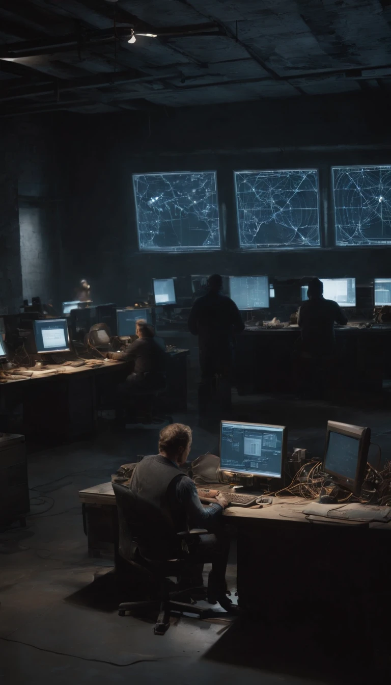 Realistic, personality: [Inside the run-down brick building, the camera pans slowly to reveal a gloomy and labyrinthine network of computers, screens, and wires. The room is dimly lit, with the workers hunched over their computers, their faces masked in fear. Use hyperrealistic visuals to depict the complexity and interconnectedness of the network, with tangled wires and blinking lights. The workers should appear small and vulnerable in contrast to the vastness of the technology surrounding them] unreal engine