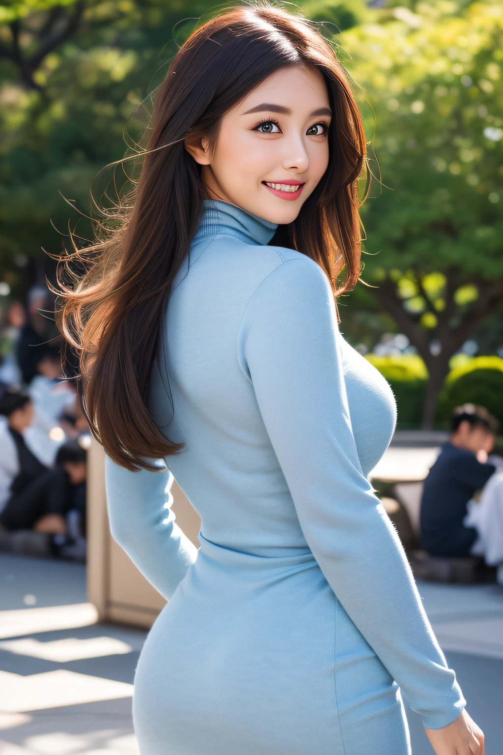 (The Ultimate Beautiful Japan Married Woman)、50 generations、Delicate facial features、(Big eyes:1.4), Brown-eyed、The brunette smoothed her back hair、(Colossal tits)、(Curve), (grin)、cparted lips, red blush, a captivating gaze、thighs thighs thighs thighs、cut top, doress, Fashion outfits decorated with fine patterns, Female sexy, turtleneck dress, professionattire、Hibiya Park in Tokyo、Standing Sexy Pose、Realistic backgrounds and accessories、((Cowboy Shot))、(Advanced depth of field)、((masterpiece))、((top-quality))、a picture、Realisticity、Photorealsitic、high-level image quality、ultra-detailliert、Realistic lighting: Real