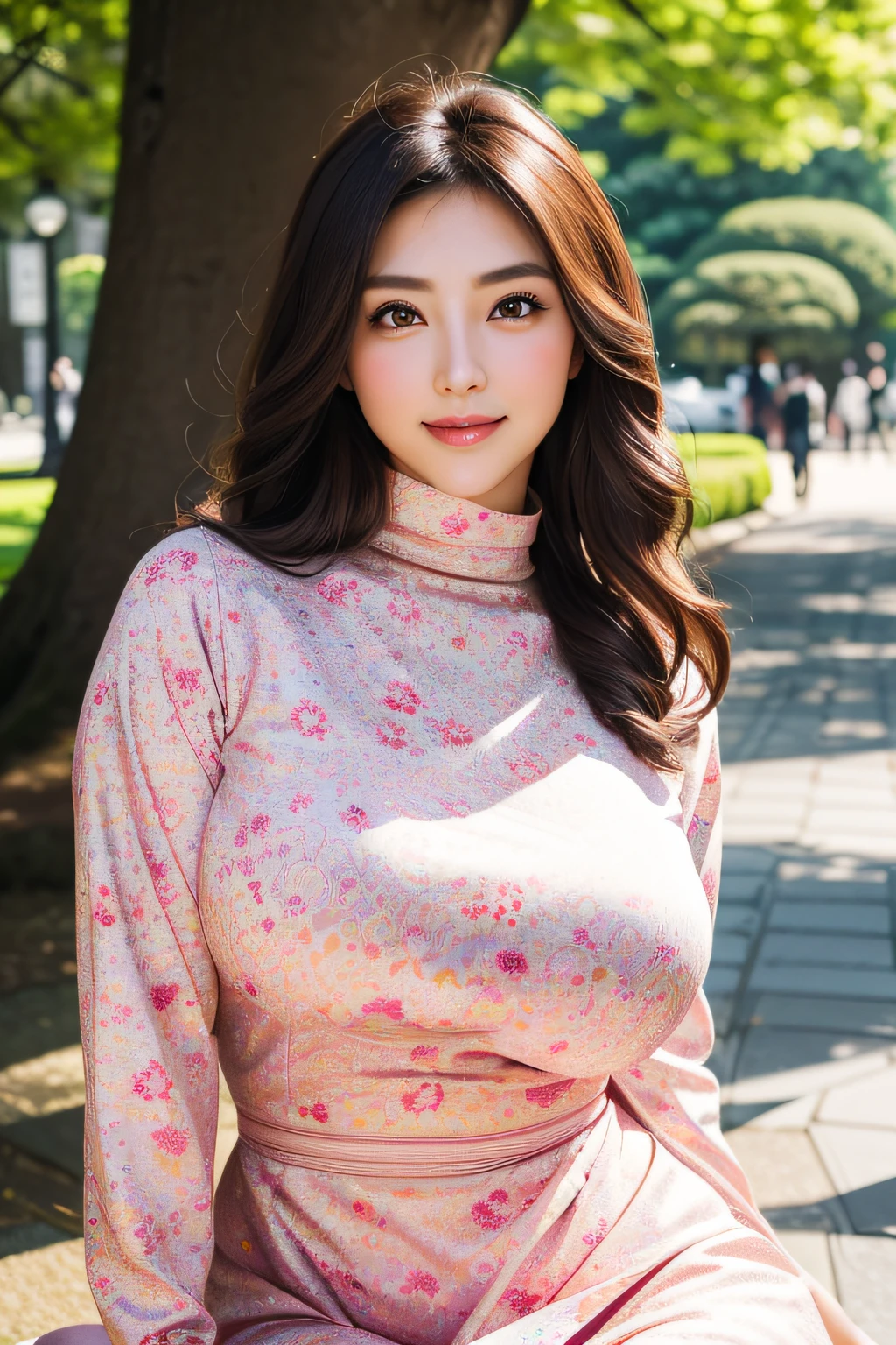(The Ultimate Beautiful Japan Married Woman)、50 generations、Delicate facial features、(Big eyes:1.4), Brown-eyed、The brunette smoothed her back hair、(Colossal tits)、(Curve), (grin)、cparted lips, red blush, a captivating gaze、thighs thighs thighs thighs、cut top, doress, Fashion outfits decorated with fine patterns, Female sexy, turtleneck dress, professionattire、Hibiya Park in Tokyo、Standing Sexy Pose、Realistic backgrounds and accessories、((Cowboy Shot))、(Advanced depth of field)、((​masterpiece))、((top-quality))、a picture、Realisticity、Photorealsitic、high-level image quality、ultra-detailliert、Realistic lighting: Real
