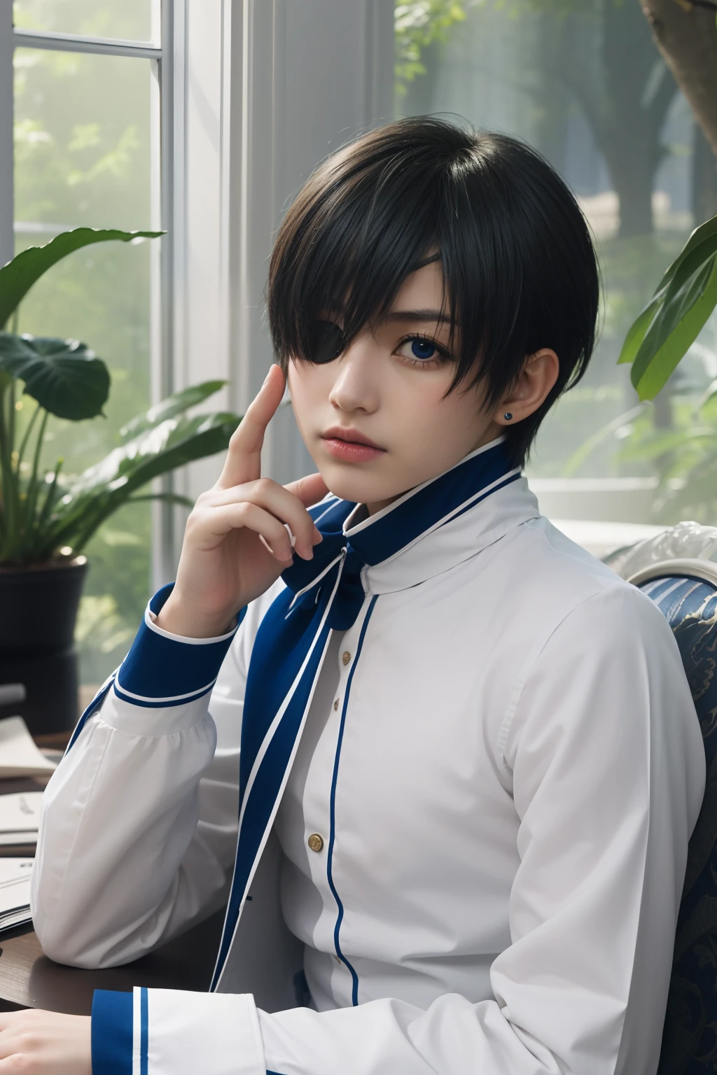 (Best Quality,4k,8k,highres,巨作:1.2),A highly detailed,(Realistic,Realistic Photos,Realistic Photos:1.37),portrait,anime,Phantomhive Sky,boy,10 years old,,dark hair,Intense look,pale skin,Royal Uniform,Classic Victorian style,Stylish clothes,Precision stitching,Feather has,Golden accents,deep blue eyes,Purple eye patch,Detailed lashes,exquisite facial features,serious expression,Confident position,Stand in majestic, He sits in a beautiful office with a window behind him overlooking the garden,Dramatic shades,Invisible lens glow,vibrant colours,Rich color scheme,Royal Purple,Royal Blue,Delicate pastel tones,Gentle sunlight flows through the leaves. Ten-year-old boy wearing boyish clothes with short hair