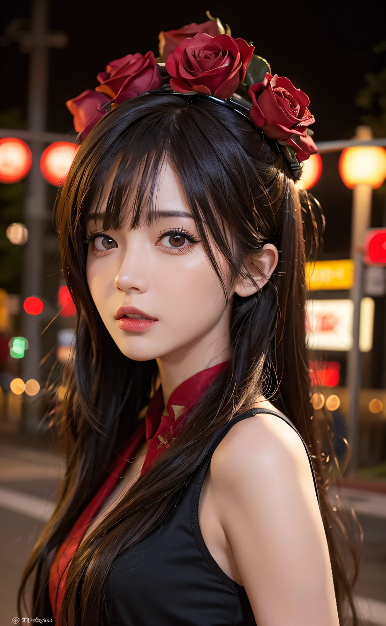 1girl, Tokyo street,night, cityscape,city lights, upper body,close-up, 8k, RAW photo, best quality, masterpiece,realistic, photo-realistic,headgear of red rose, parted bangs, long hair,