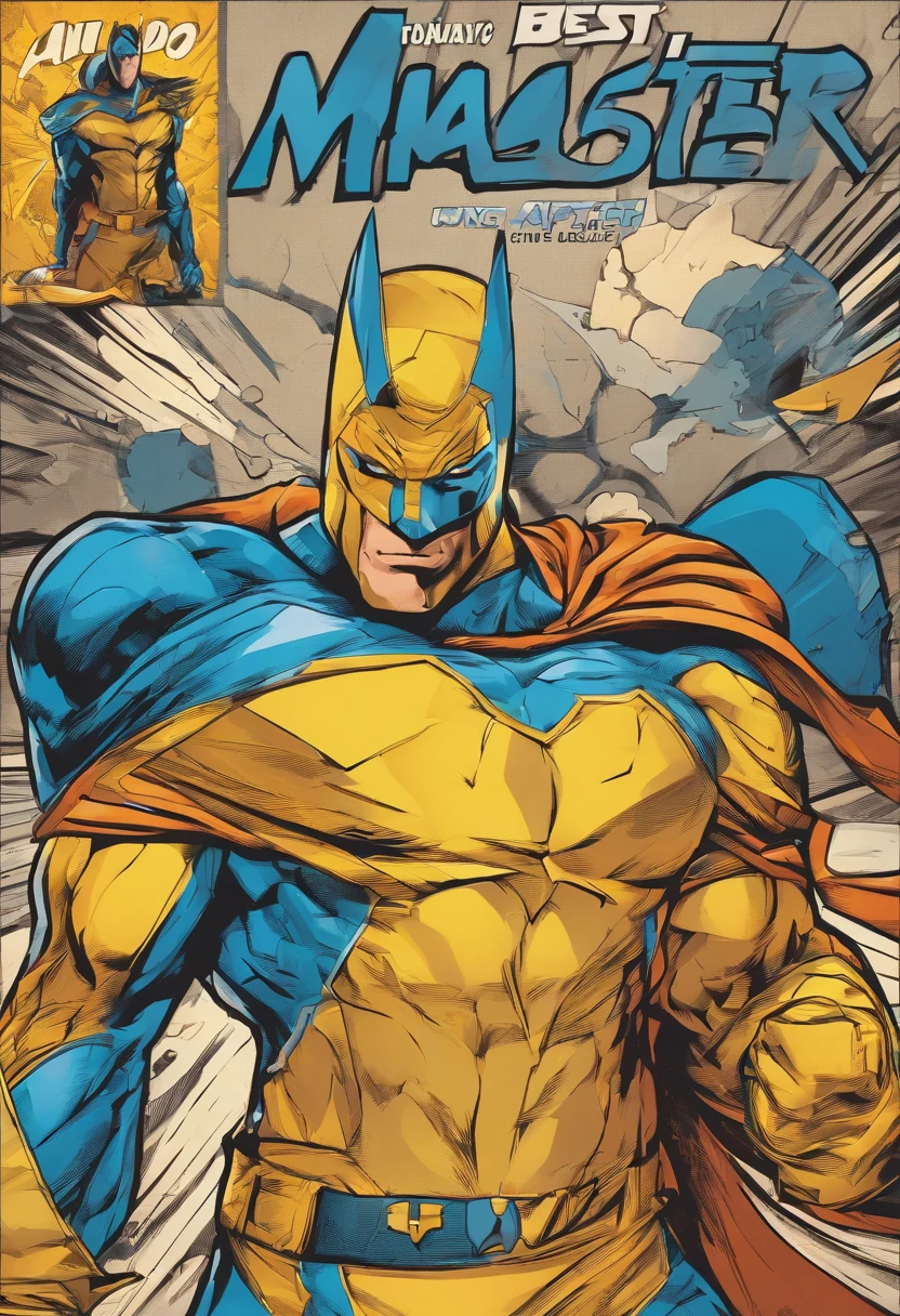 (best quality,4k,8k,Alto,master part:1.2),ultra-detalhado, livro,illustration,super hero, bodysuit azul, letra C no peito,Capa com capuz azul com amarelo,Man,macho,heroic pose,fundo da paisagem urbana,cores vibrantes,foco nítido,Comic Style Shading,dynamic lighting, letter C symbol on chest.