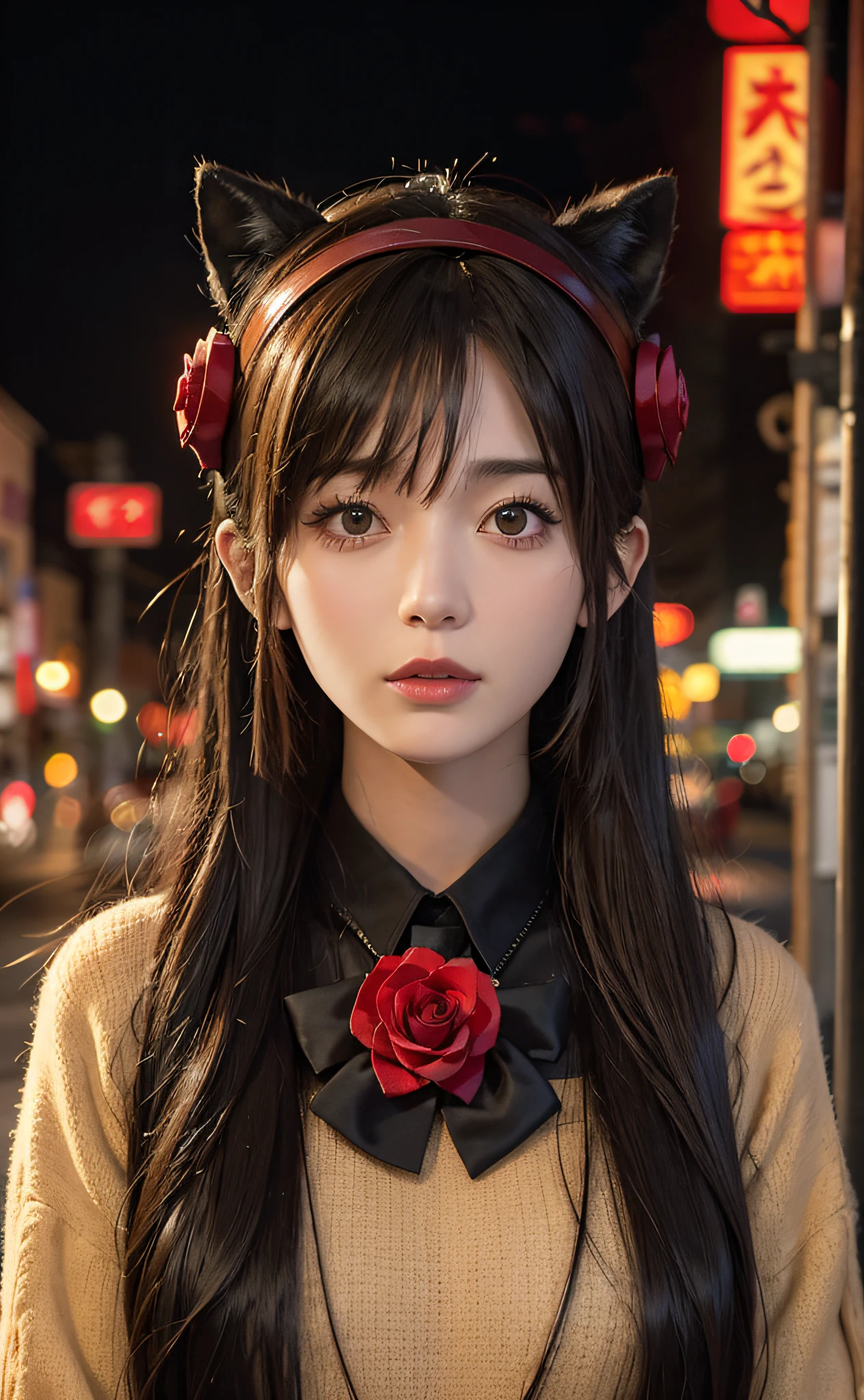 1girl, Tokyo street,night, cityscape,city lights, upper body,close-up, 8k, RAW photo, best quality, masterpiece,realistic, photo-realistic,headgear of red rose, parted bangs, long hair,