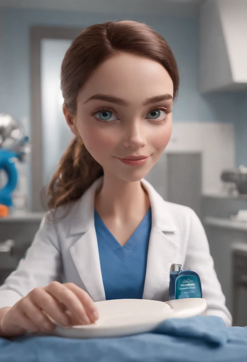 Develop a Disney-Pixar-style image that depicts the LANAC clinical analysis laboratory. Focus on a friendly nurse in a blue uniform, interagindo de maneira carinhosa com um paciente. O paciente deve segurar um frasco de amostra de sangue com curiosidade. Ensure that the LANAC logo is prominently visible in the image. A cena deve transmitir calor, cuidado e confiabilidade, with Disney-Pixar's 3D animation style