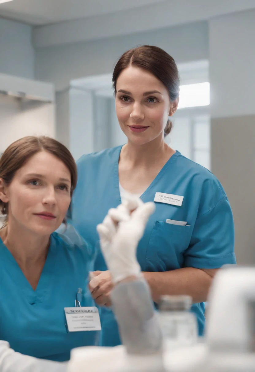 Develop a Disney-Pixar-style image that depicts the LANAC clinical analysis laboratory. Focus on a friendly nurse in a blue uniform, interagindo de maneira carinhosa com um paciente. O paciente deve segurar um frasco de amostra de sangue com curiosidade. Ensure that the LANAC logo is prominently visible in the image. A cena deve transmitir calor, cuidado e confiabilidade, with Disney-Pixar's 3D animation style