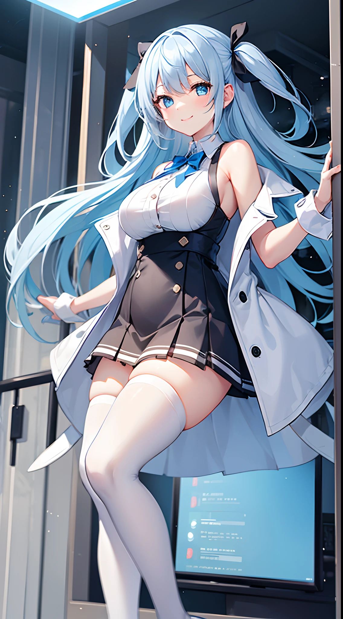 1 girl, game CG, white shirt, shoulders visible, short skirt, string hair ribbon, trench coat, white tights, gigantic breasts, light blue hair, middle hair, two side up, blue eyes, park, steam, smile, one eye close,