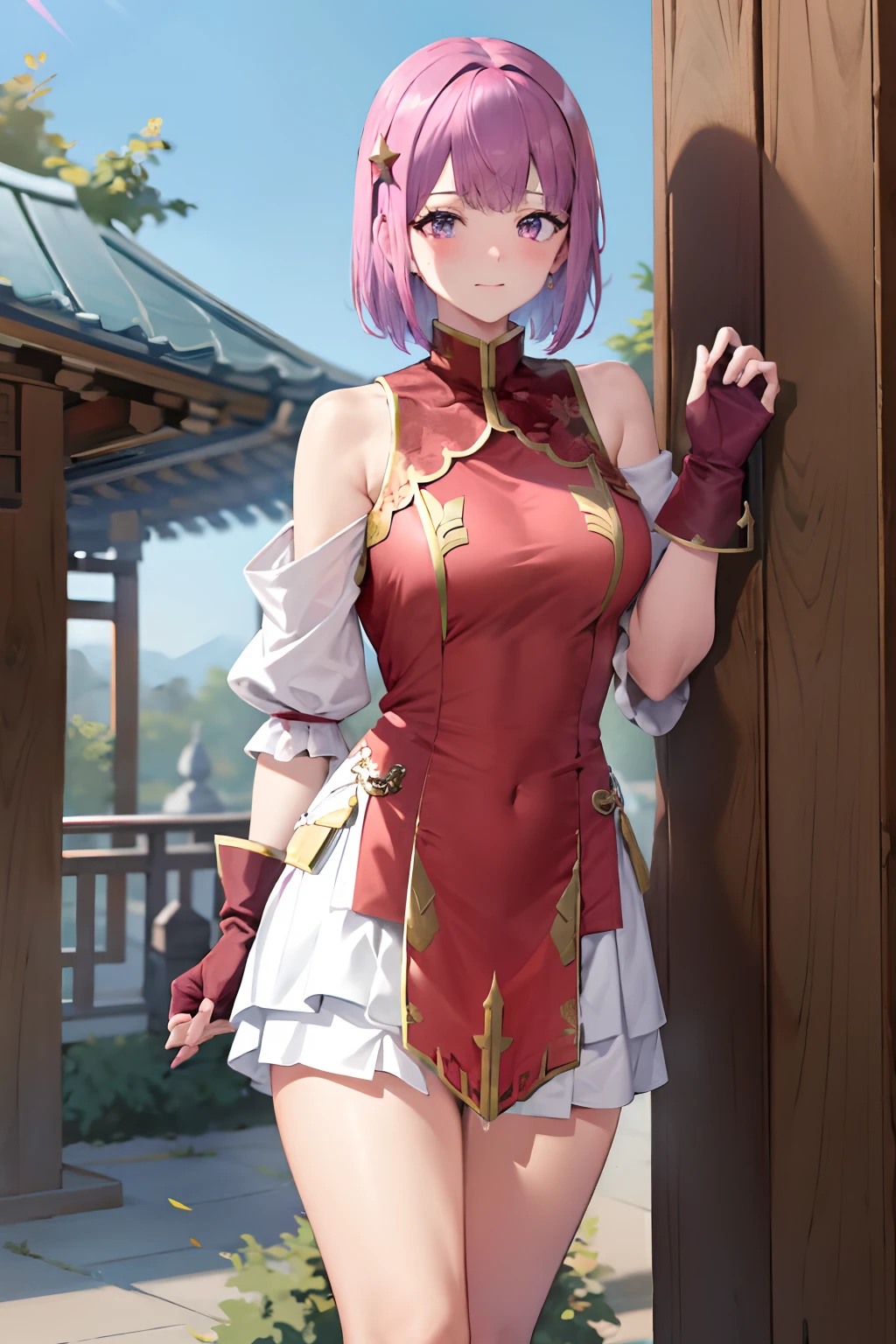 have to pee,peeing self,Asamiya Palace_Chinese_dress_Weng Wai Province,Purple hair,Short hair,Purple eyes,mitts,shairband ,Fingerless gloves,Breasts,dress,hair adornments,Star (symbol),Chinese clothes,red hairband,star hair ornament,Bare shoulders,china dress,bangs,Shorts,ribbon,Red gloves,jewelry,Hairy ribs, Masterpiece,Best quality,Ultra detailed, 8K, Cinematic light,Highly detailed, scenery,Pose,Solo,view the viewer,Textured skin, High details, Best quality, Anatomically correct, Textured skin, Need, Exquisite and beautiful,,Glossy glossy skin,Blush, Shy, Blush, Ear blush, full face blush, in a panoramic view