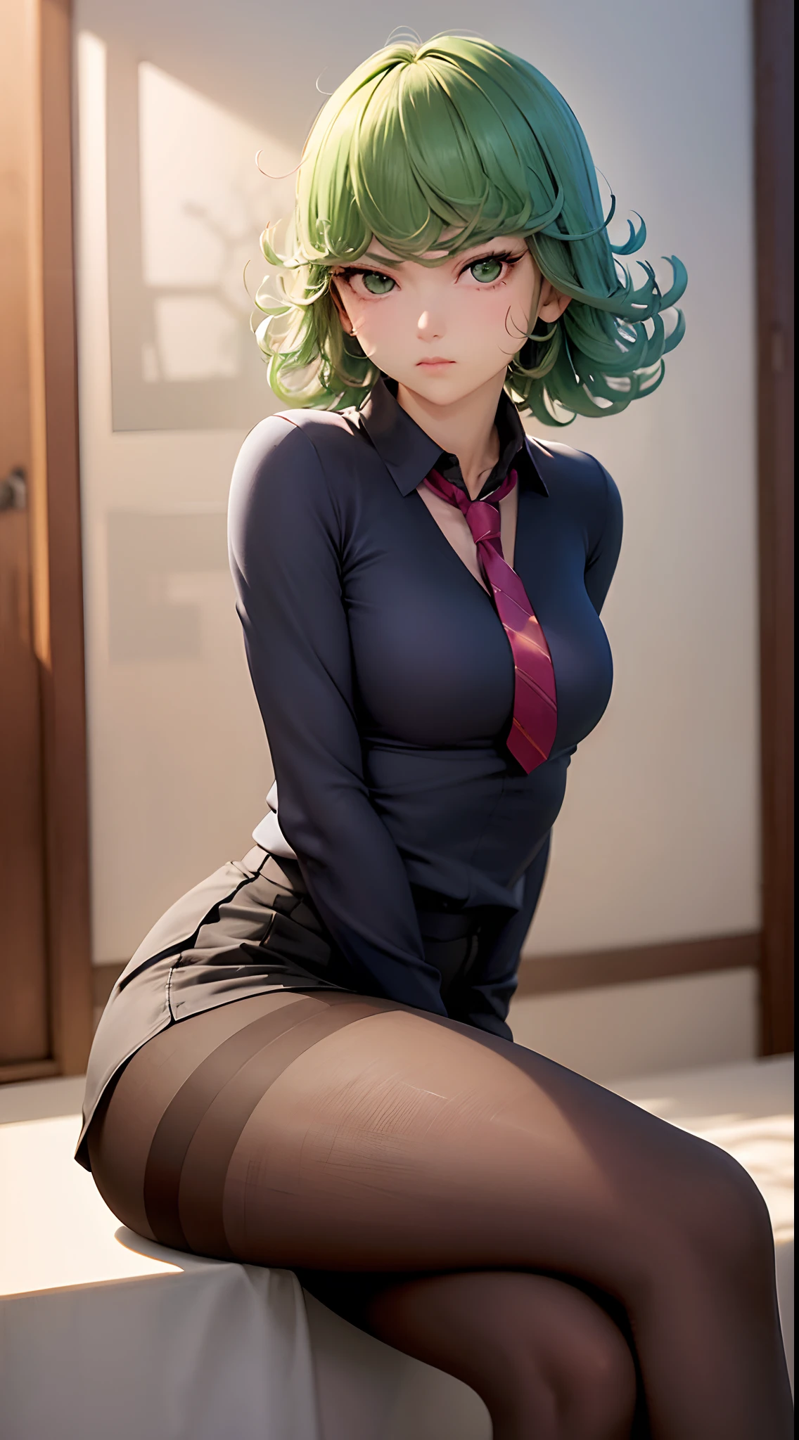 (masterpiece, best quality:1.2), solo, 1girl, tatsumaki, unamused, closed mouth, looking at viewer, hand on own face, sitting, crossed legs, collared shirt, necktie, skirt, pantyhose