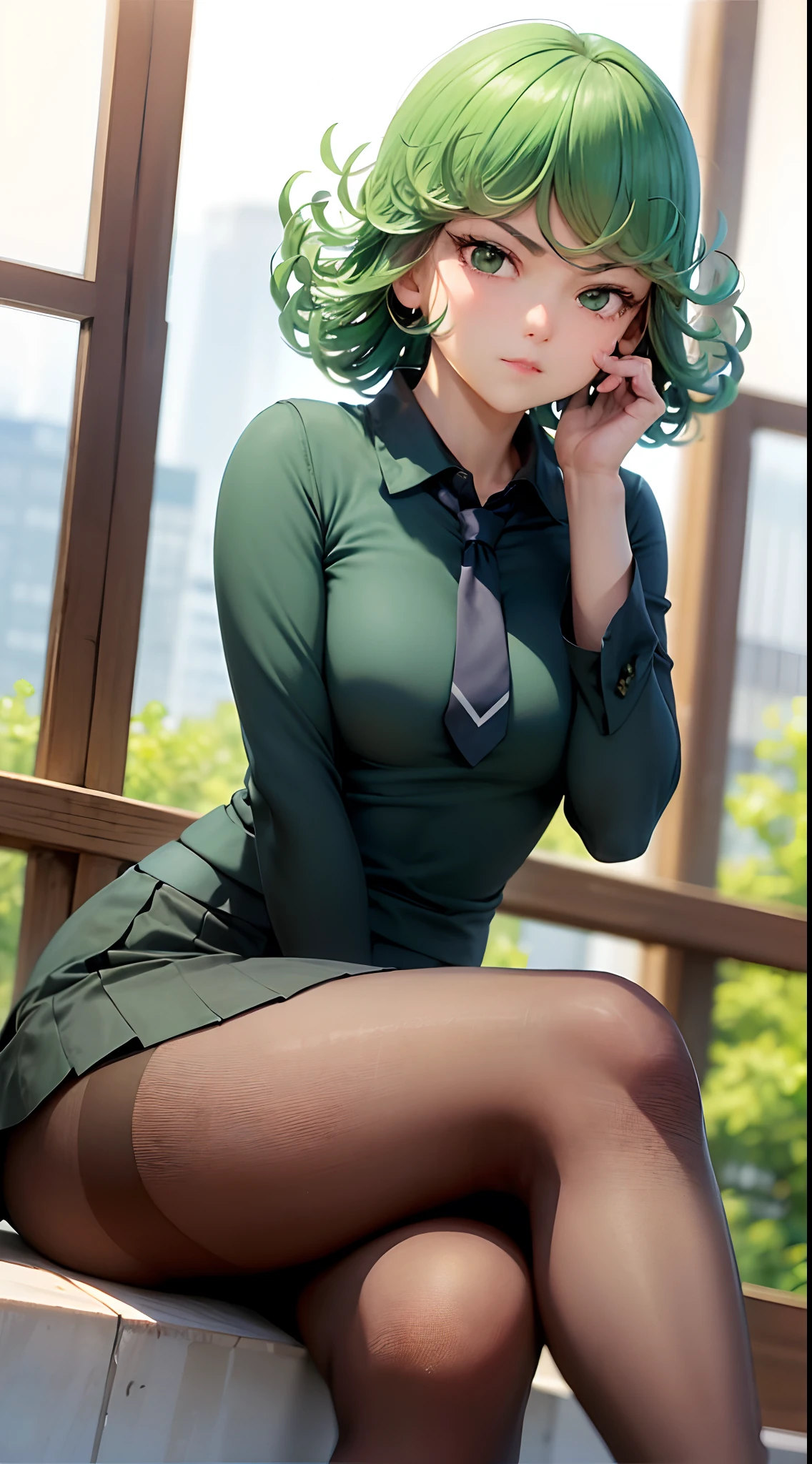 (masterpiece, best quality:1.2), solo, 1girl, tatsumaki, unamused, closed mouth, looking at viewer, hand on own face, sitting, crossed legs, collared shirt, necktie, skirt, pantyhose