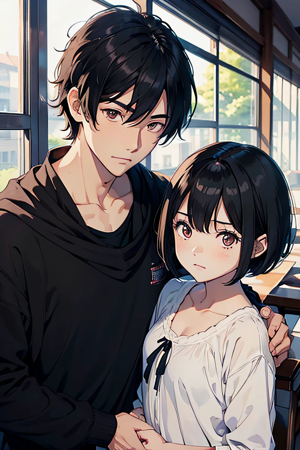 ((masutepiece)), ((Best Quality))), ((ultra-detailliert)), ((Illustration)), With boys and girls. The boy has short black hair, comma hair, Hair between the eyes. The girl has short hair in a black shawl、student clothes