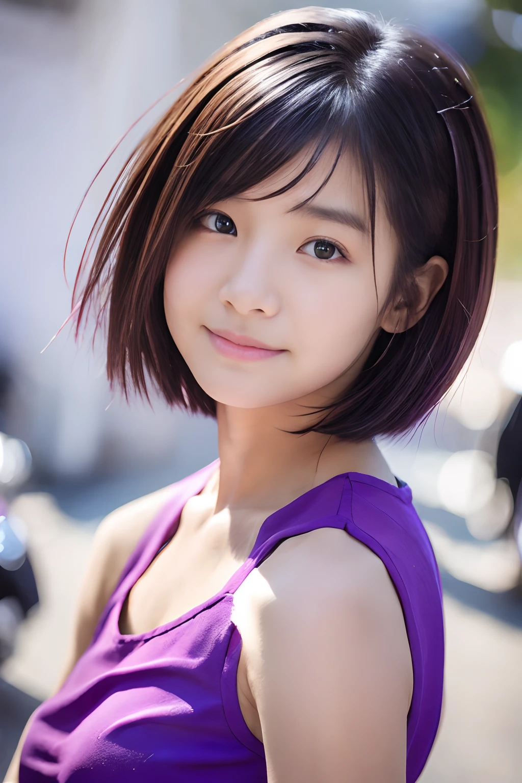 18-year-old girl, short detailed hair, Photo., Purple top