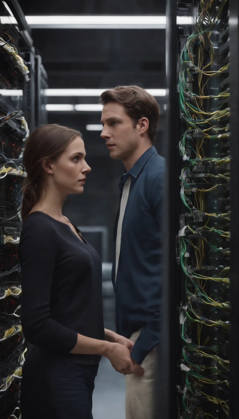 Realistic, personality: [Anna and Milo separate from the group, rushing towards a massive computer server. They share a quick nod of understanding before focusing on their task. Capture their determination and urgency as they navigate through the maze of cables and servers. Utilize hyperrealistic visuals to showcase the intricate details of the server room, with blinking lights and complex patterns of wires] unreal engine