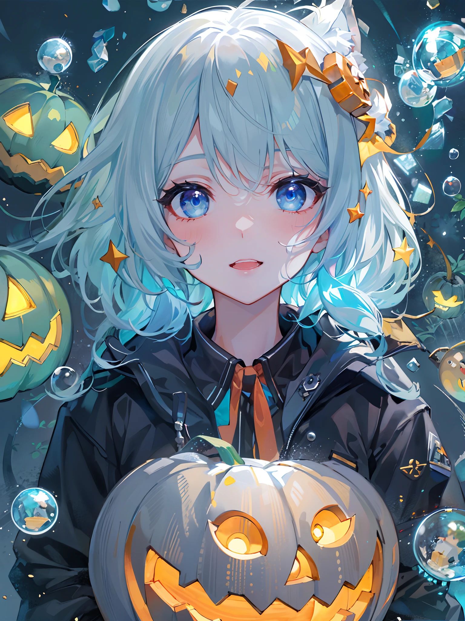 ((top-quality)), ((masterpiece)), ((ultra-detailliert)), (Extremely delicate and beautiful), girl with, 独奏, cold attitude,((Black jacket)),She is very(relax)with the(Settled down)Looks,A dark-haired, depth of fields,Evil smile,Bubble, under the water, Air bubble,bright light blue eyes,inner color with bright gray hair and light blue tips,,,,,,,,,,,,,,,,,,,,,,Cold background,Bob Hair - Linear Art, shortpants、knee high socks、White uniform like school uniform、Light blue ribbon ties、Clothes are sheer、Hands in pockets、Bright eyes like sapphire,Fronllesse Blue, A small blue light was floating、Upper Eyes、glass shards、Snowflake Hair Ornament, Halloween, Orange pumpkin、Jack-o'-lantern、Orange and light blue odd eye、Vampire costume、tusk、