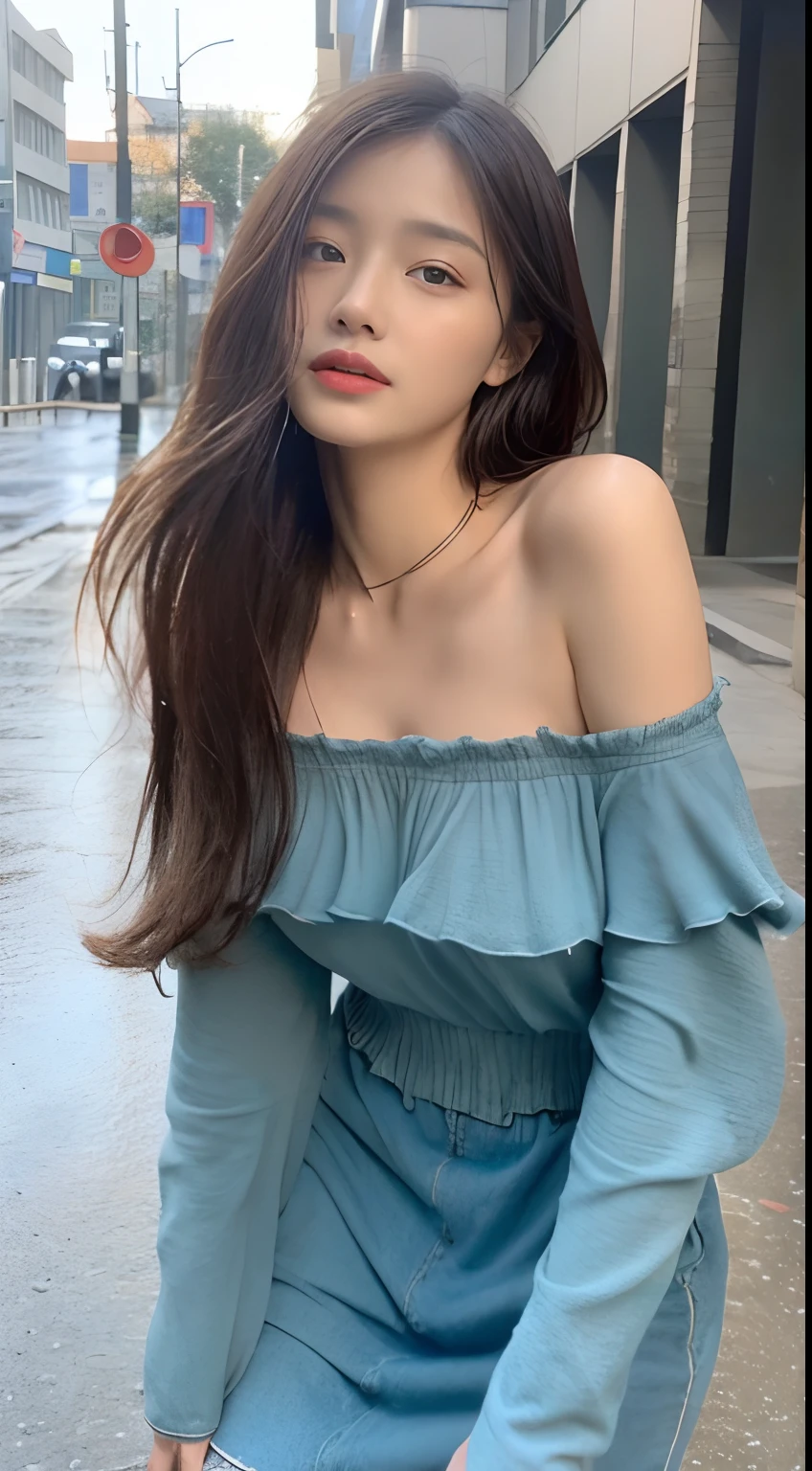 ((Best Quality, 8k, Masterpiece: 1.3)), Focus: 1.2, Perfect Body Beauty: 1.4, Buttocks: 1.2, ((Long Hair)), (Wet Clothes: 1.1) , (Rain, Street:1.3), Bandeau Dress: 1.1, Highly Detailed Face and Skin Texture, Delicate Eyes, Double Eyelids, Whitening Skin, Smile