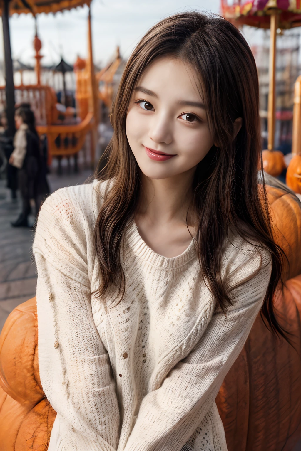 masterpiece、8K、32K、top-quality、(A cute Japanese woman)、detail portrayal、1 girl in、elegent、23years old、(Perforated sweater:1.3)、(Halloween Amusement Park:1.3)、cowboy shot、ssmile