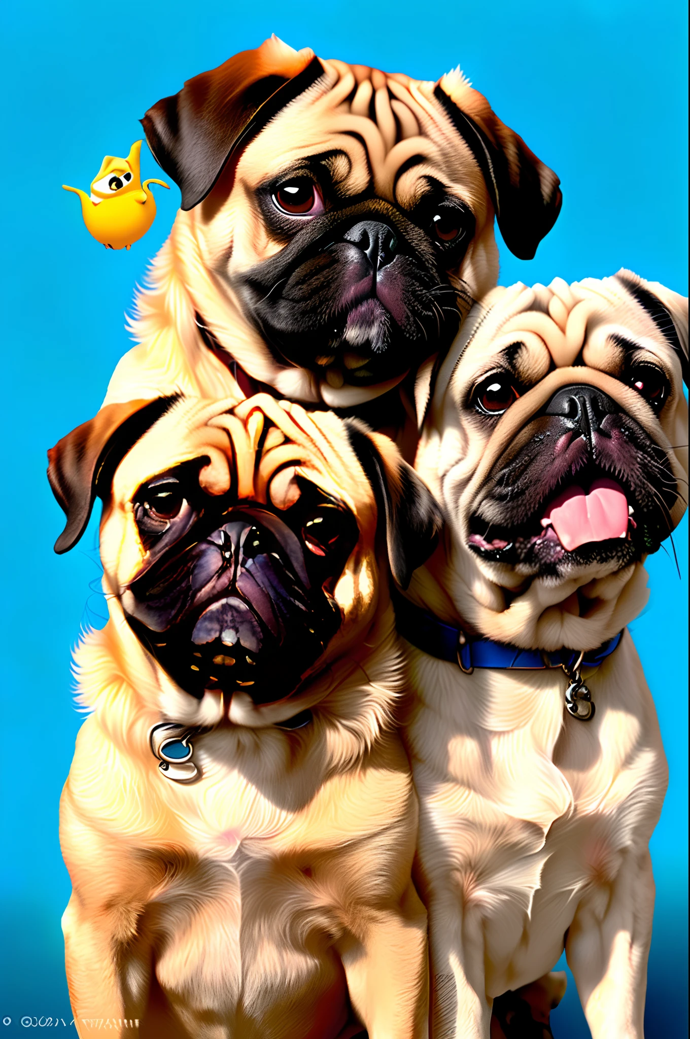 Create Disney Pixar movie style artwork of two Pug dogs named Nala and Thor