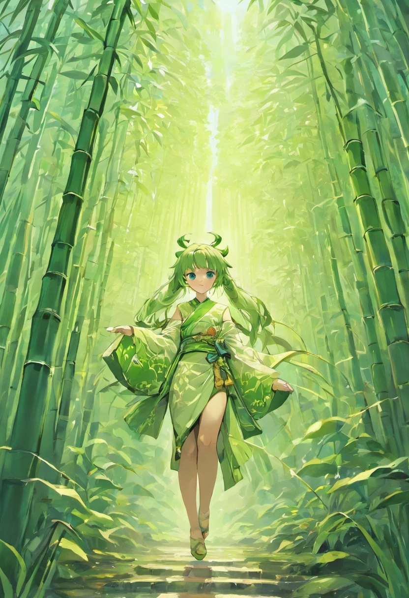 In the center of the picture is a lifelike giant Arhat bamboo shoot,It towers high into the clouds,Straight and straight,It shows the magnificence and power of the natural world。Bamboo shoots are fresh and tender、Unique shape, etc。There are several blooming flowers blooming on the bamboo shoots,In the background, there are magnificent mountains and crystal clear lakes,Creates a tranquil and mysterious natural environment。The image of some farmland or farmers around bamboo shoots,