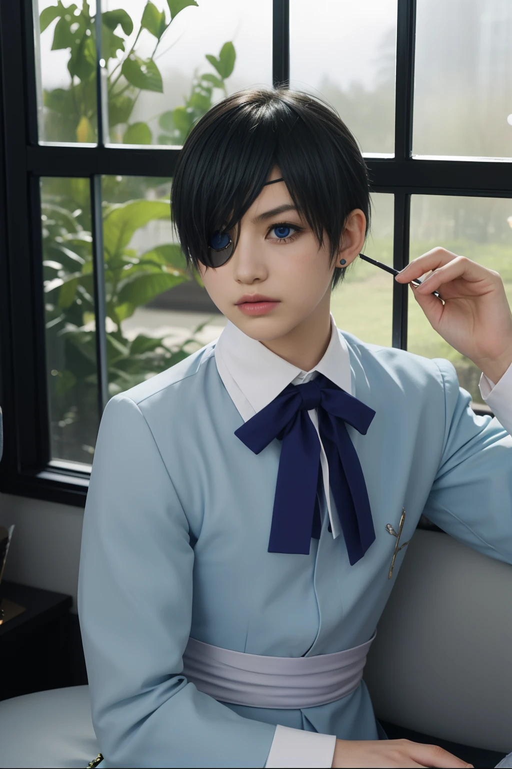 (Best Quality,4k,8k,highres,巨作:1.2),A highly detailed,(Realistic,Realistic Photos,Realistic Photos:1.37),portrait,anime,Phantomhive Sky,boy,,,dark hair,Intense look,pale skin,Royal Uniform,Classic Victorian style,Stylish clothes,Precision stitching,Feather has,Golden accents,deep blue eyes,Purple eye patch,Detailed lashes,exquisite facial features,serious expression,Confident position,Stand in majestic, Sitting in a beautiful office with a window behind it overlooking the garden,Dramatic shades,Invisible lens glow,vibrant colours,Rich color scheme,Royal Purple,Royal Blue,Delicate pastel tones,Gentle sunlight flows through the leaves. Ten-year-oldy weg boy clothes with short hair