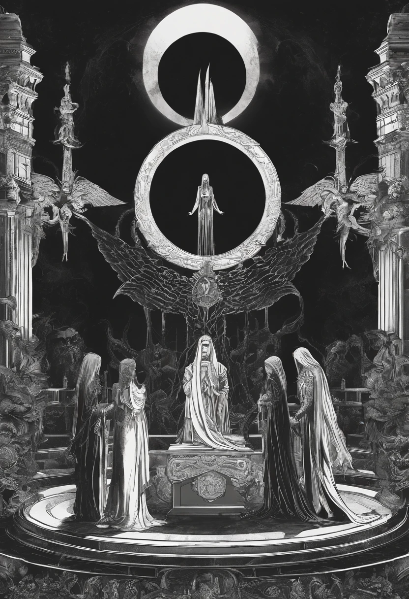 Devil's Eye focus, cthulhu, necropolis, 10 girls stand in a circle performing a ritual in the background