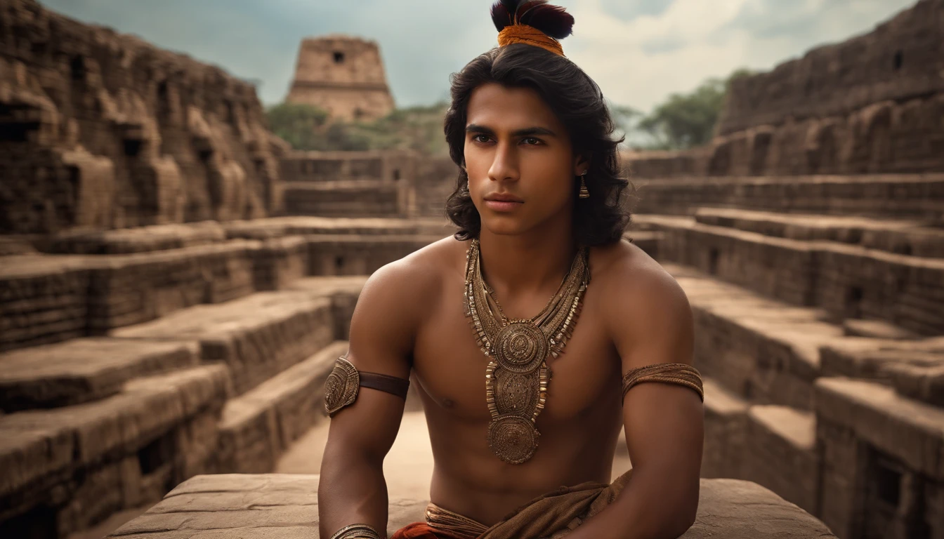 Create a photorealistic image of a handsome 18-year-old Mayan-Indian boy, dressed in the attire of that era, standing against the backdrop of an ancient Mayan city. We can see his beautiful naked lags, he sits un a seductive position.