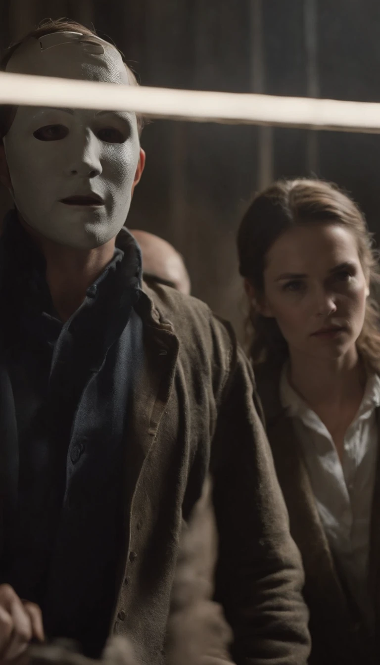 Realistic, personality: [Jack and Lane confront the workers in the dimly lit room. The workers appear frightened and intimidated by their presence. Jack and Lane stand tall, exuding confidence and determination. Their expressions should convey a sense of authority and purpose. Use hyperrealistic visuals to capture the tension in the room, with shadows cast on the faces of the workers and the intricate details of their masks] unreal engine