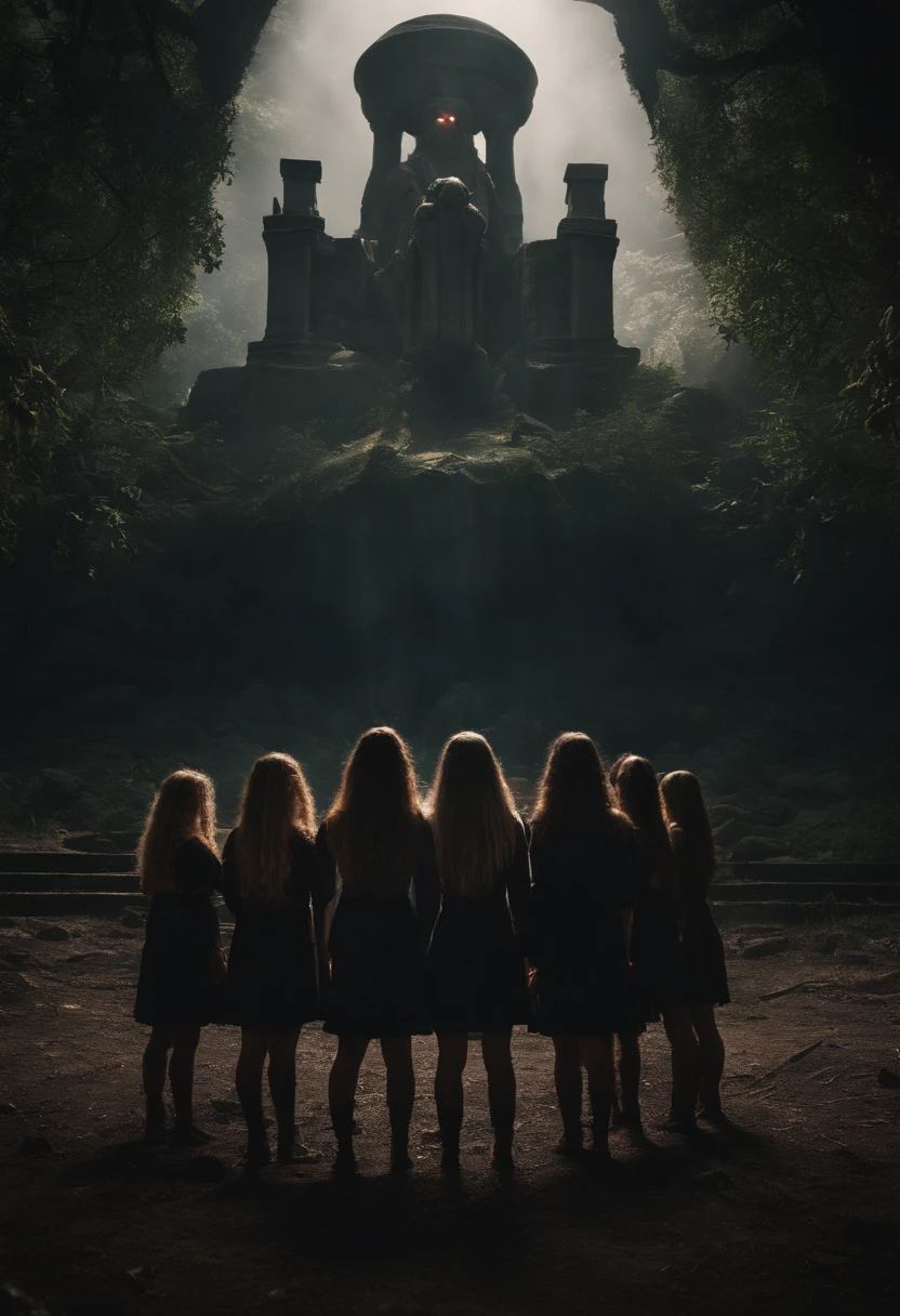 Devil's Eye focus, cthulhu, necropolis, 10 girls stand in a circle performing a ritual in the background