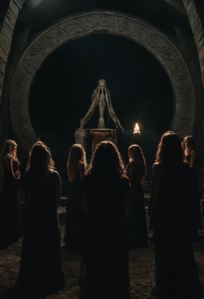 (oil painting, masterpiece:1.2) Satanic black mass, cultists standing around an altar, naked woman on altar, creepy atmosphere