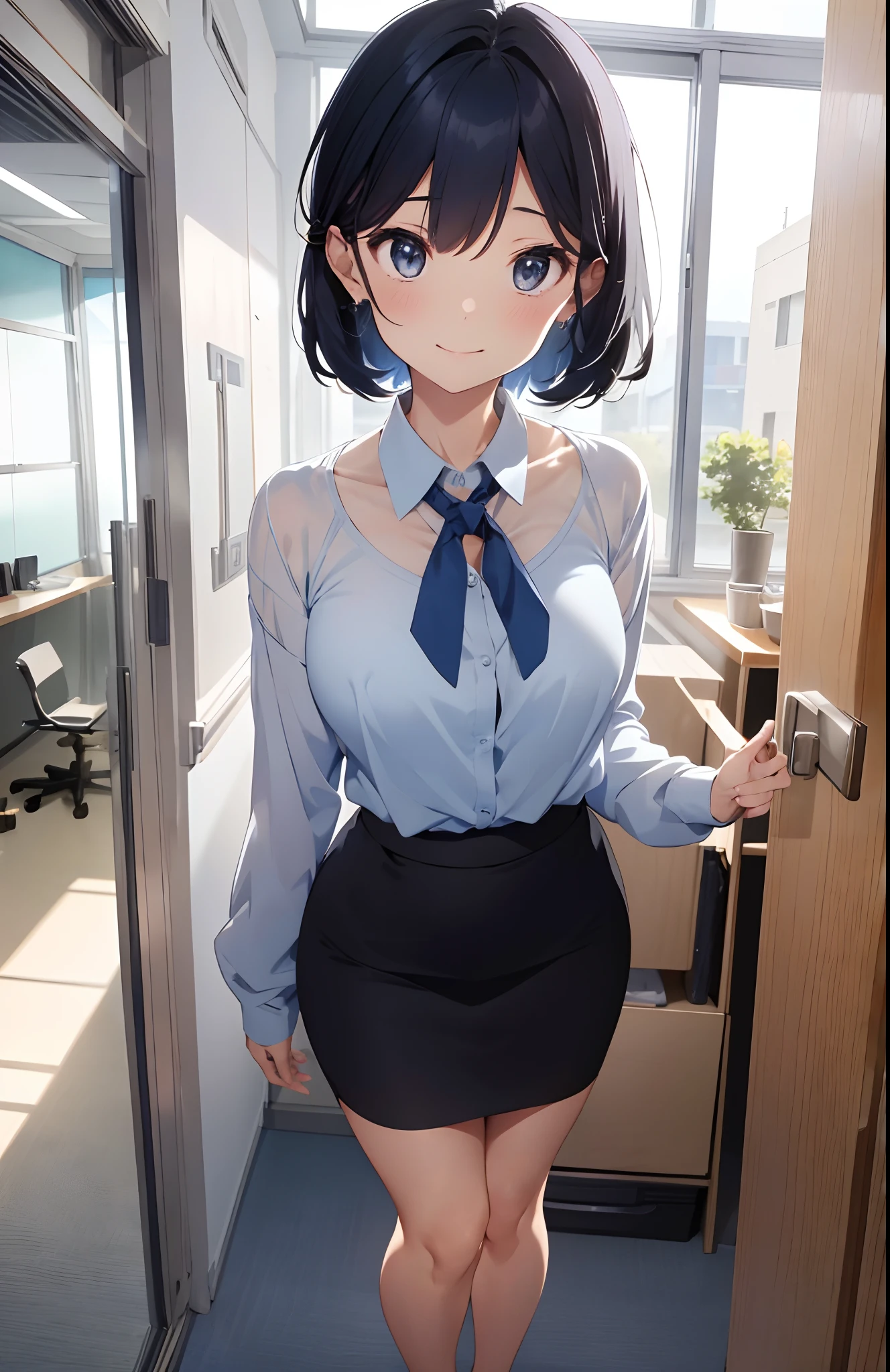 (1 person、alone), Beautiful woman, ((Anatomically perfect body)), slim、(OL, office lady)、(short sleeve blouse、vest、pencil skirt)、 (look down, facing down:1.1)、 I&#39;m three years old、(best quality)、black hair, (half updo:1.2), (sit on a chair)、(inner thighs), (office)、(8k, high resolution)、(shy:1.4)、, (steam:1.1), (embarrassing:1.3)、high definition face、(pussy juice:1.1), (Please hug my heart), high heel,  (thin legs)