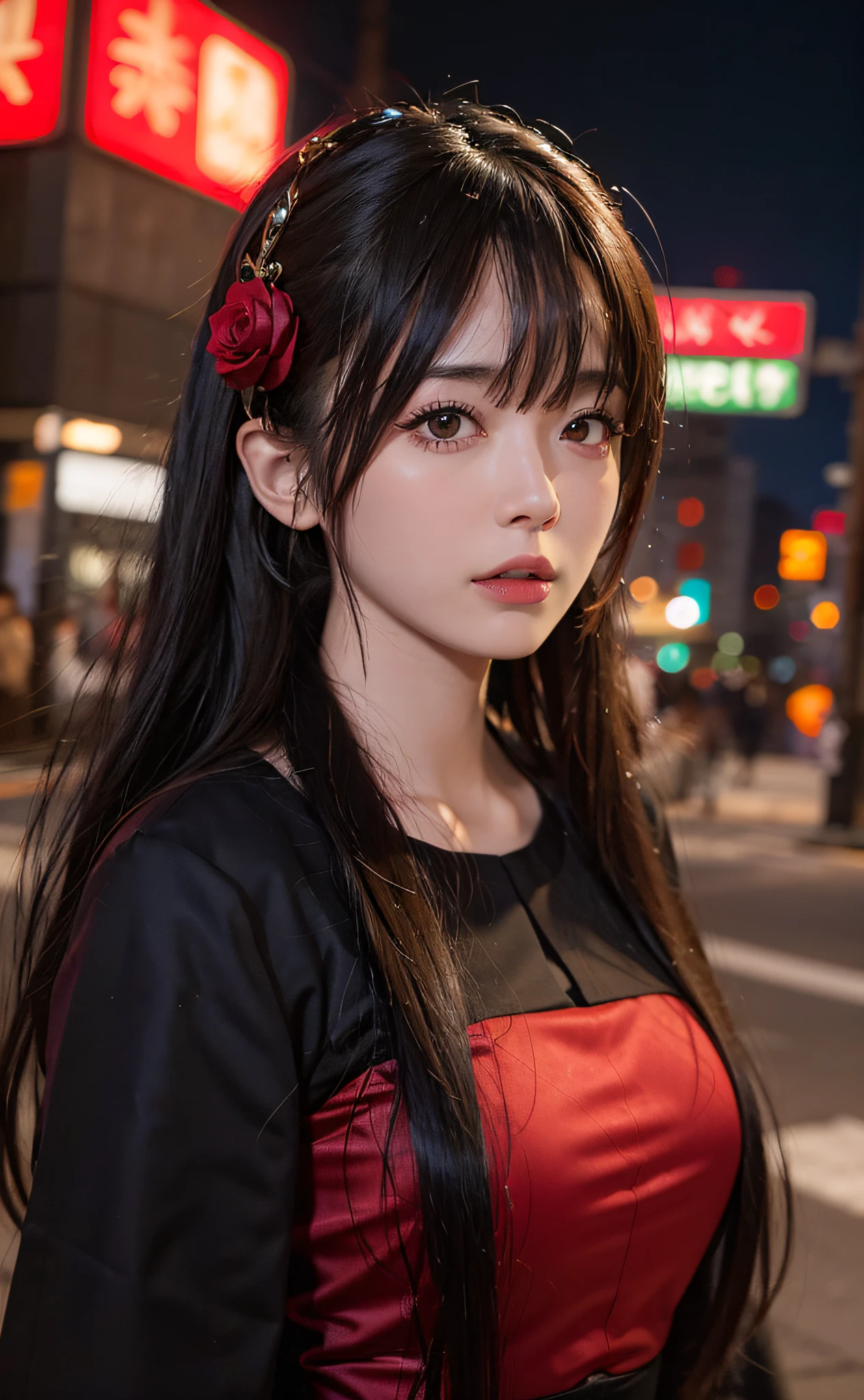 1girl, Tokyo street,night, cityscape,city lights, upper body,close-up, 8k, RAW photo, best quality, masterpiece,realistic, photo-realistic,headgear of red rose, parted bangs, long hair,