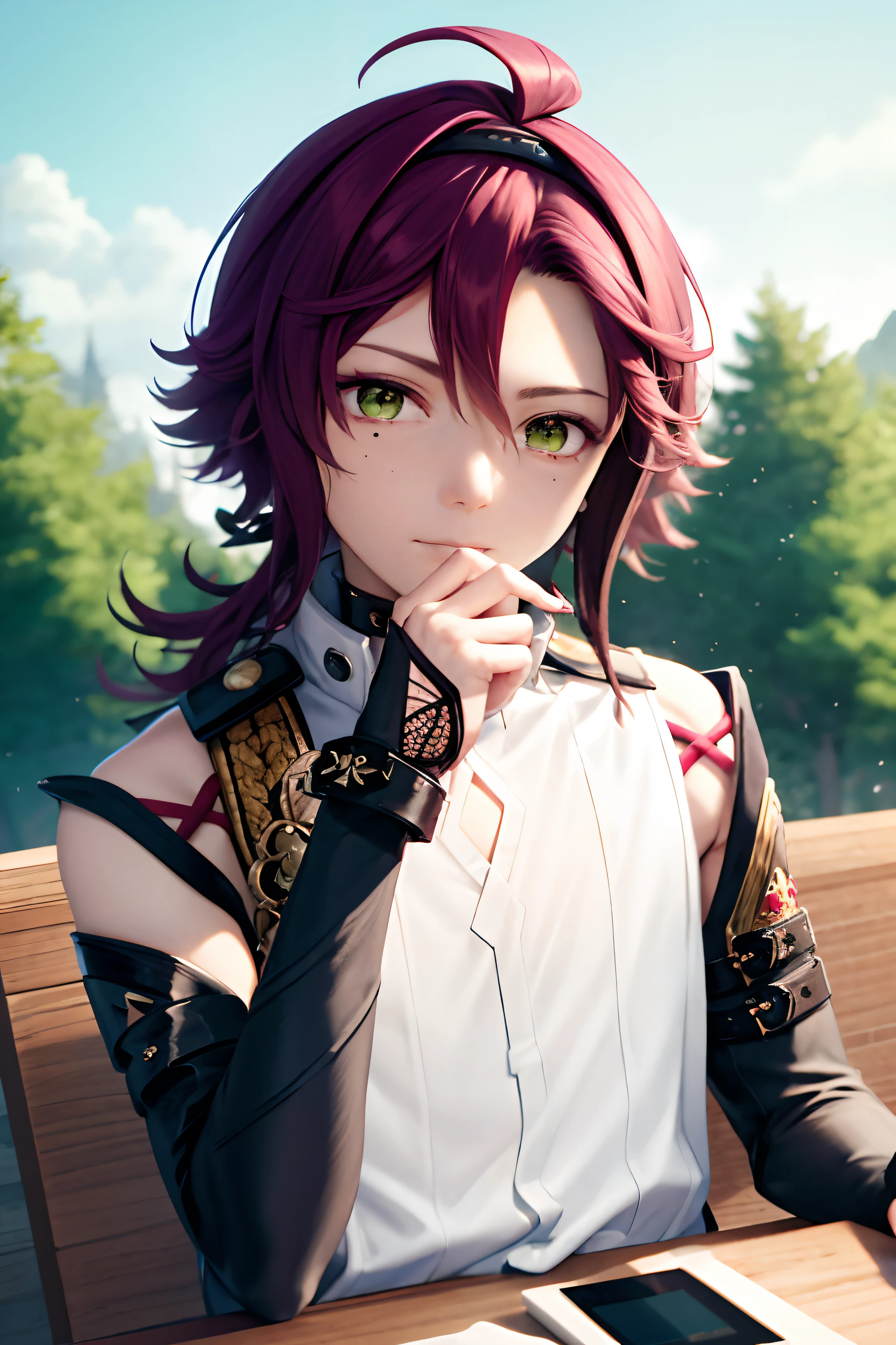 masterpiece, best quality,Shikanoin Heizou (genshin impact), 1boy, male focus, kurokote, green eyes, kote, multicolored hair, mole under eye, red hair, solo, mole, black choker, japanese armor, looking at viewer, choker, armor, streaked hair, aiguillette, sleeveless, ahoge, long hair, low ponytail,(kbxll:0.6)