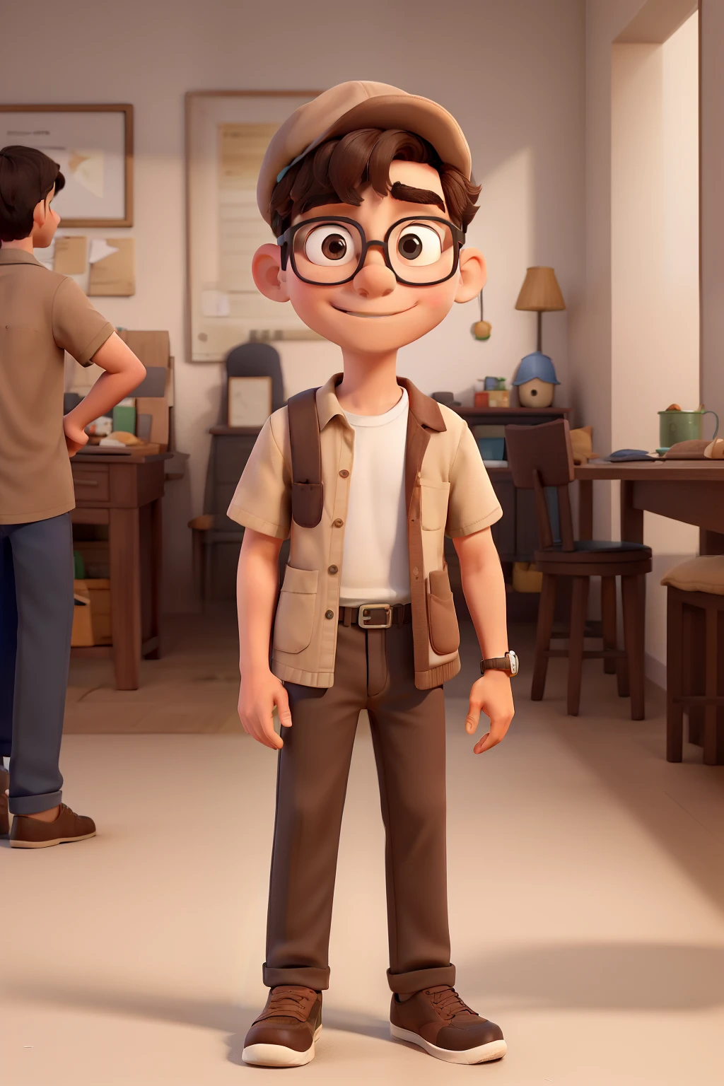 Obra-prima, de melhor qualidade, A boy with redendo glasses, alto, magro, medium brown hair, with black cap, Wearing light-colored pants, camisa xadrez vermelha escura com preto, Beige sneakers, cavanhaque, pircing no nariz de argola
