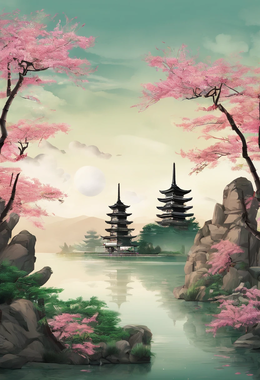 In the center of the picture is a lifelike giant Arhat bamboo shoot，It towers high into the clouds，Straight and straight，It showcases the magnificence and power of the natural world。Bamboo shoots are fresh and tender、Unique shape, etc。There are several blooming flowers on the bamboo shoots，in the background, There are magnificent mountains and crystal clear lakes，Create a tranquil and mysterious natural environment。Some farmland or farmers surround the image of bamboo shoots，