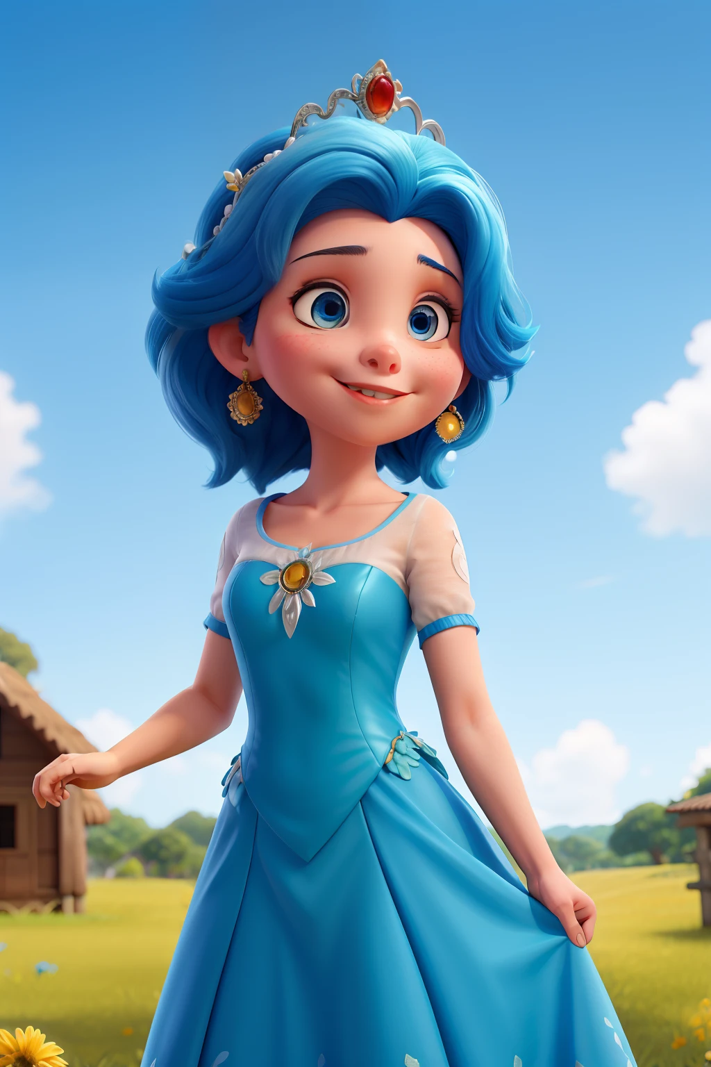 Sou uma menina branca de cabelos pretos com vestido azul pelo solto tenho olhos castanhos desenho disney princesas com magia