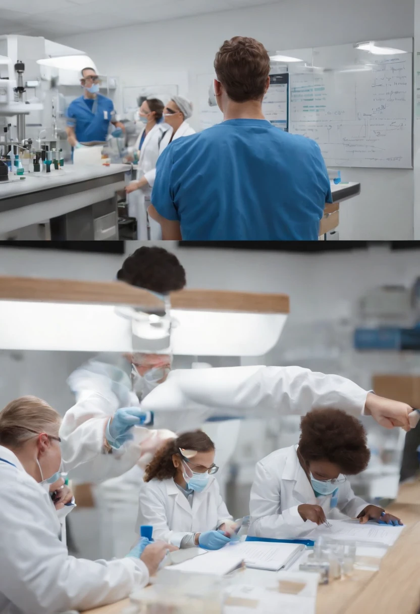 Develop a Disney-Pixar-style 3D image depicting the interior of the LANAC clinical analysis laboratory. The laboratory should be filled with modern and colorful laboratory equipment, as microscopes, pipetas, Test tubes and centrifuges, dispostos de maneira organizada em bancadas de trabalho. Add clean, lighted lab benches, where sympathetic and enthusiastic scientists are conducting experiments. They should be surrounded by computer screens displaying data and animated graphs, transmitindo uma atmosfera de pesquisa e descoberta.
As bancadas devem conter uma variedade de frascos de vidro, Test Tubes & Measuring Cups, and a digital whiteboard with scientific formulas written in chalk. Ao fundo, Include a bookshelf with scientific reference books and detailed notes.
Ademais, Add a chalkboard on a wall with scientific illustrations and equations. Ensure the lab is well-lit with clear white lights. Make sure the LANAC logo is conspicuously visible in the image.
The image should convey the magic of scientific knowledge and discovery, with Disney-Pixar's signature 3D animation style, making the lab a welcoming and exciting place.