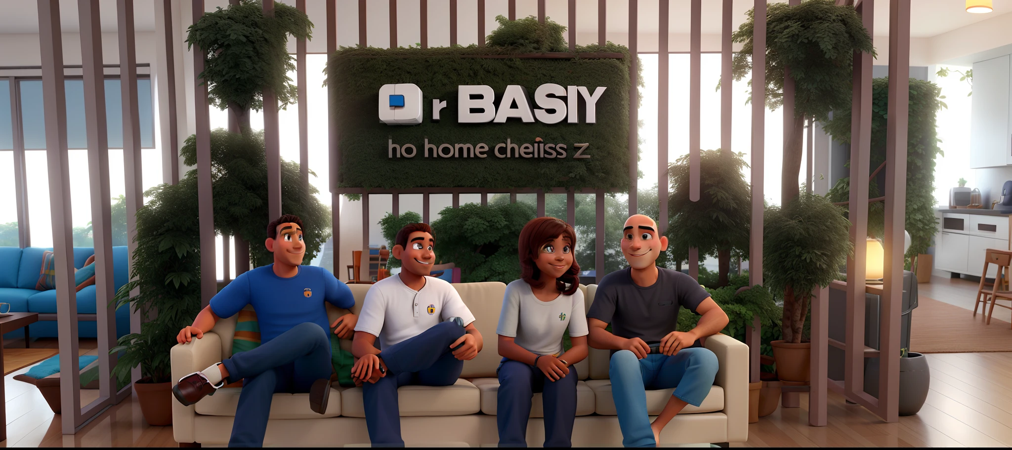 homem careca, homem sorrindo, mulher gargalhando, Man with crossed leg sitting on sofa pixar style, alta qualidade, melhor qualidade