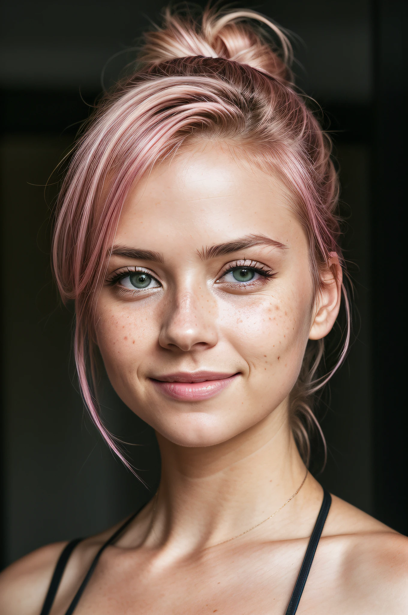(RAW photo) night scene, close up photo of a sexy girl, posing, looking at viewer, smiling, pink hair in a ponytail, (green eyes:0.8), cute young face, 18 yo, soft volumetric lights, soft key and fill lighting, (backlit:1.3), (cinematic:1.3), intricate details, (ArtStation:1.2), skin blemishes, (freckles:0.9), detailed eyes, micro details, FUJI XT3, photorealistic, photorealism