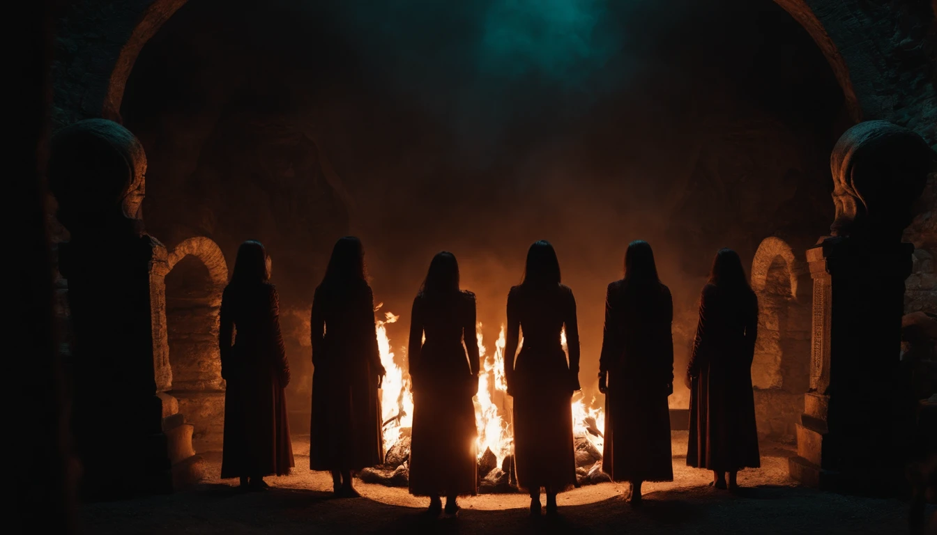 fiery Devil's Eye focus, cthulhu, necropolis, 10 girls stand in a circle performing a ritual in the background
