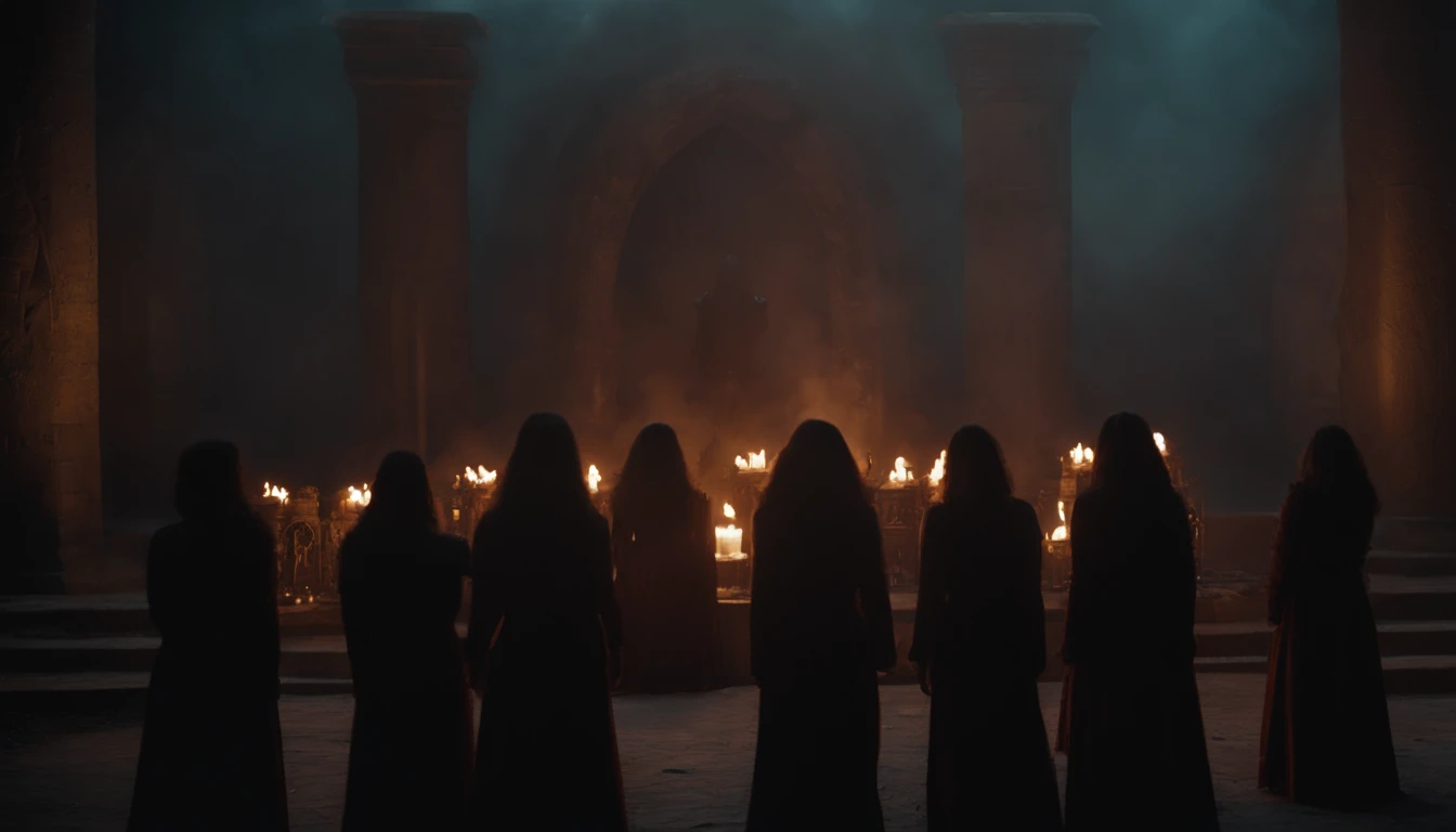 fiery Devil's Eye focus, cthulhu, necropolis, 10 girls stand in a circle performing a ritual in the background