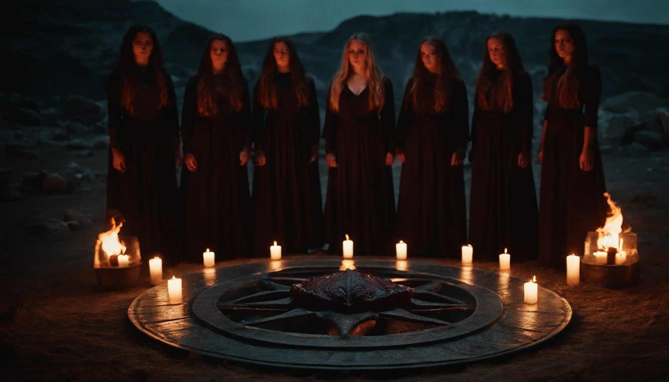 fiery Devil's Eye focus, cthulhu, necropolis, 10 girls stand in a circle performing a ritual in the background
