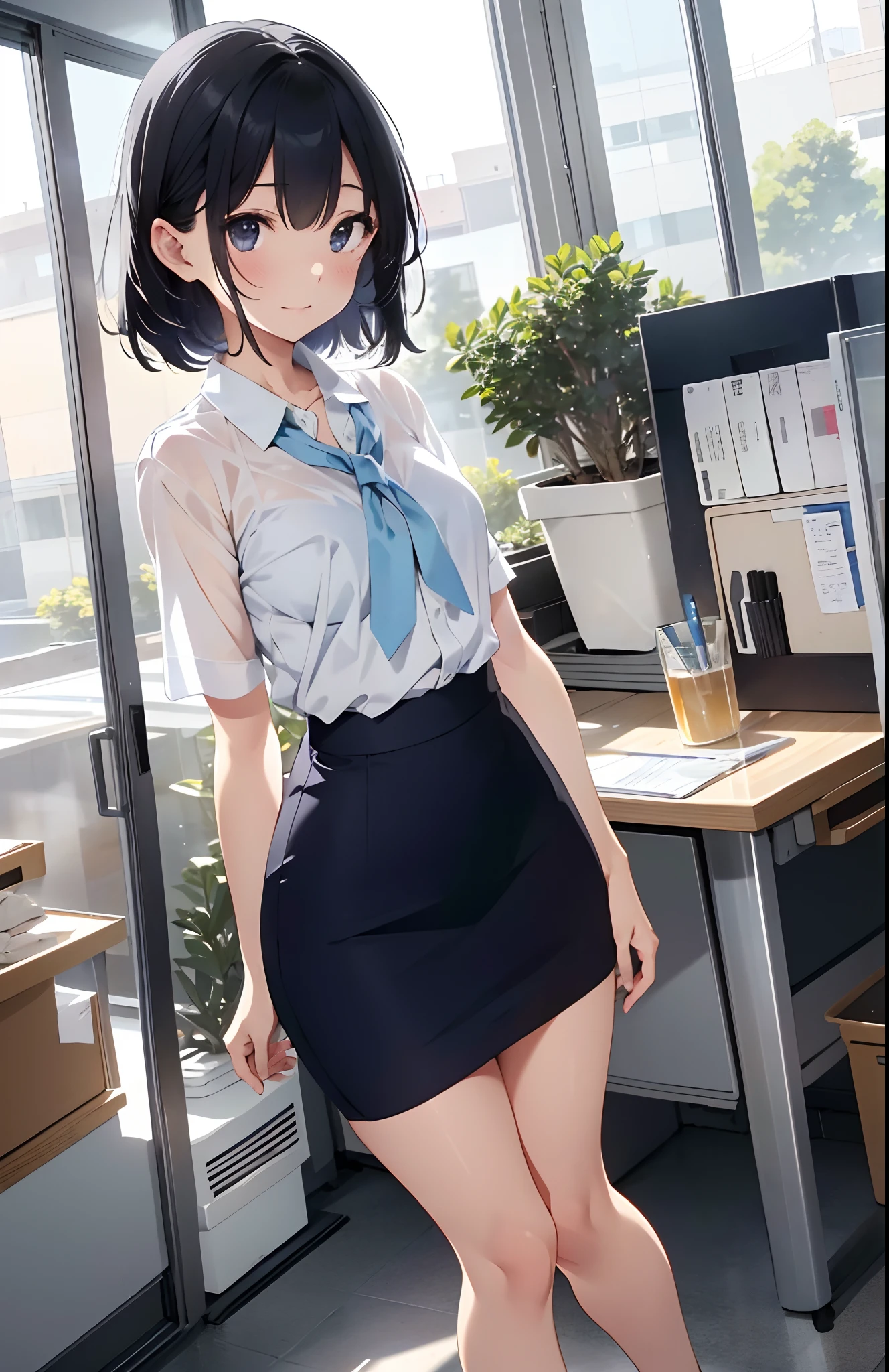 ((s Office、In the company、office building、Office、Beauty Secretary)), unparalleled masterpiece ever, Perfect Artwork, ((a beautiful slender girl、A slender、Perfect female figure)), maturefemale, Narrow waist, Looking at Viewer, Kamimei、enchanting posture, clean, Beautiful face, Pure face, Shiny skin, Delicate pattern, 1girl in, White see-through blouse、greys_hair, up looking_で_viewer, Small_breasts, Shaved_, Light blue_ascot, Light blue_Rose, Short_hair, Shoulder_armor, Smile, Solo, ((Navy blue pencil skirt、high-heels、full body Esbian))