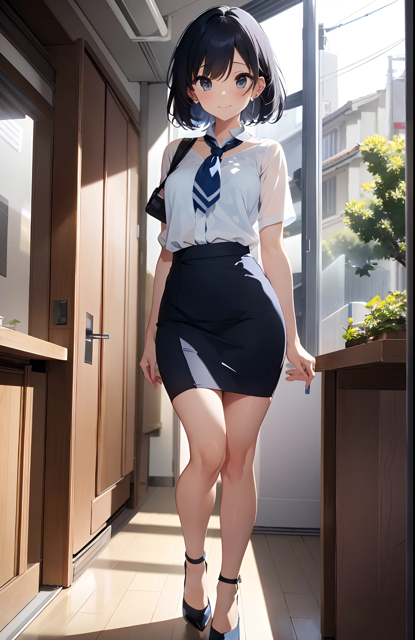 ((s Office、In the company、office building、Office、Beauty Secretary)), unparalleled masterpiece ever, Perfect Artwork, ((a beautiful slender girl、A slender、Perfect female figure)), maturefemale, Narrow waist, Looking at Viewer, Kamimei、enchanting posture, clean, Beautiful face, Pure face, Shiny skin, Delicate pattern, 1girl in, White see-through blouse、greys_hair, up looking_で_viewer, Small_breasts, Shaved_, Light blue_ascot, Light blue_Rose, Short_hair, Shoulder_armor, Smile, Solo, ((Navy blue pencil skirt、high-heels、full body Esbian))