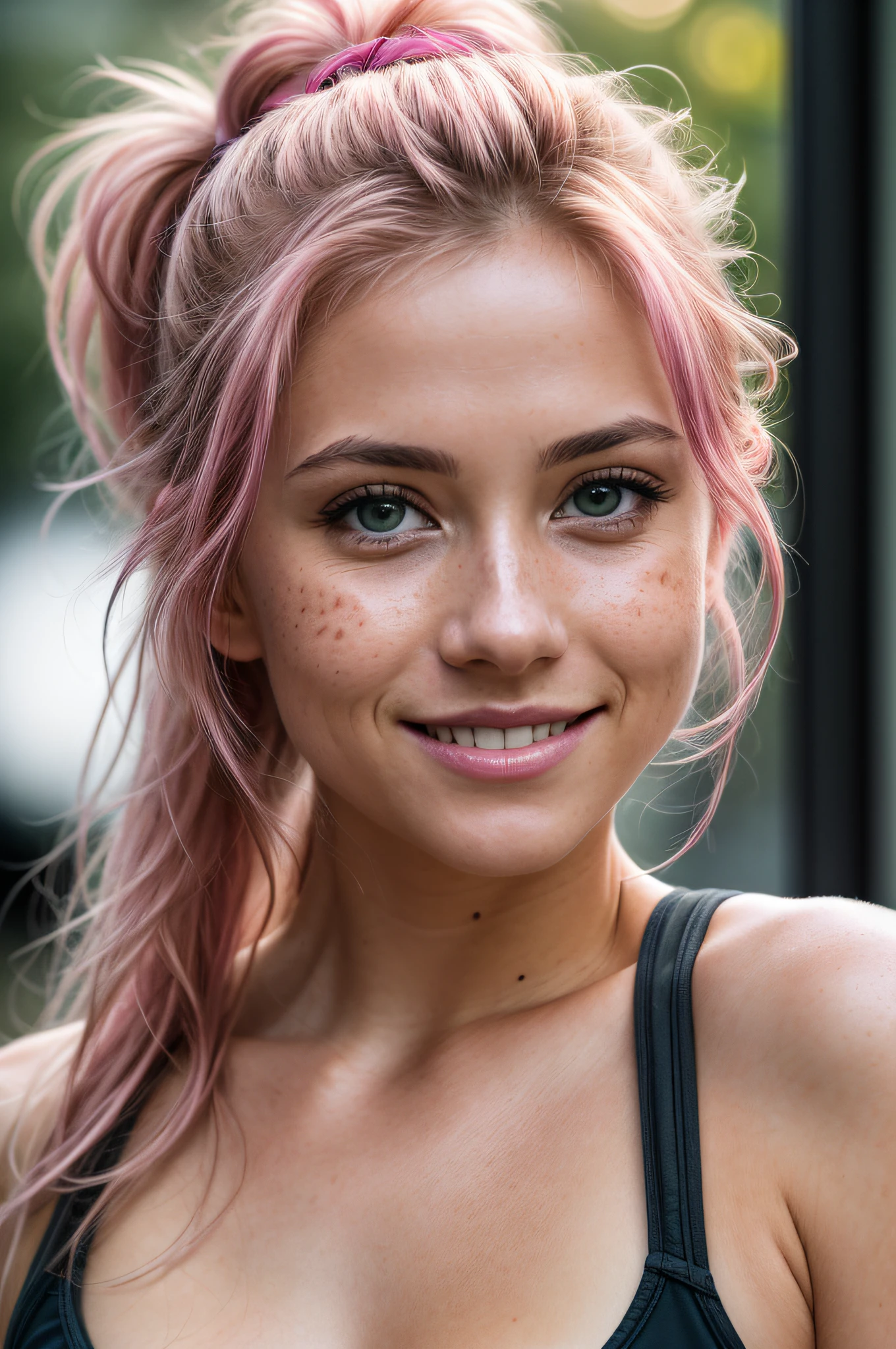 (RAW photo) night scene, close up photo of a sexy girl, posing, looking at viewer, smiling, pink hair in a ponytail, (green eyes:0.8), cute young face, 18 yo, soft volumetric lights, soft key and fill lighting, (backlit:1.3), (cinematic:1.3), intricate details, (ArtStation:1.2), skin blemishes, (freckles:0.9), detailed eyes, micro details, FUJI XT3, photorealistic, photorealism