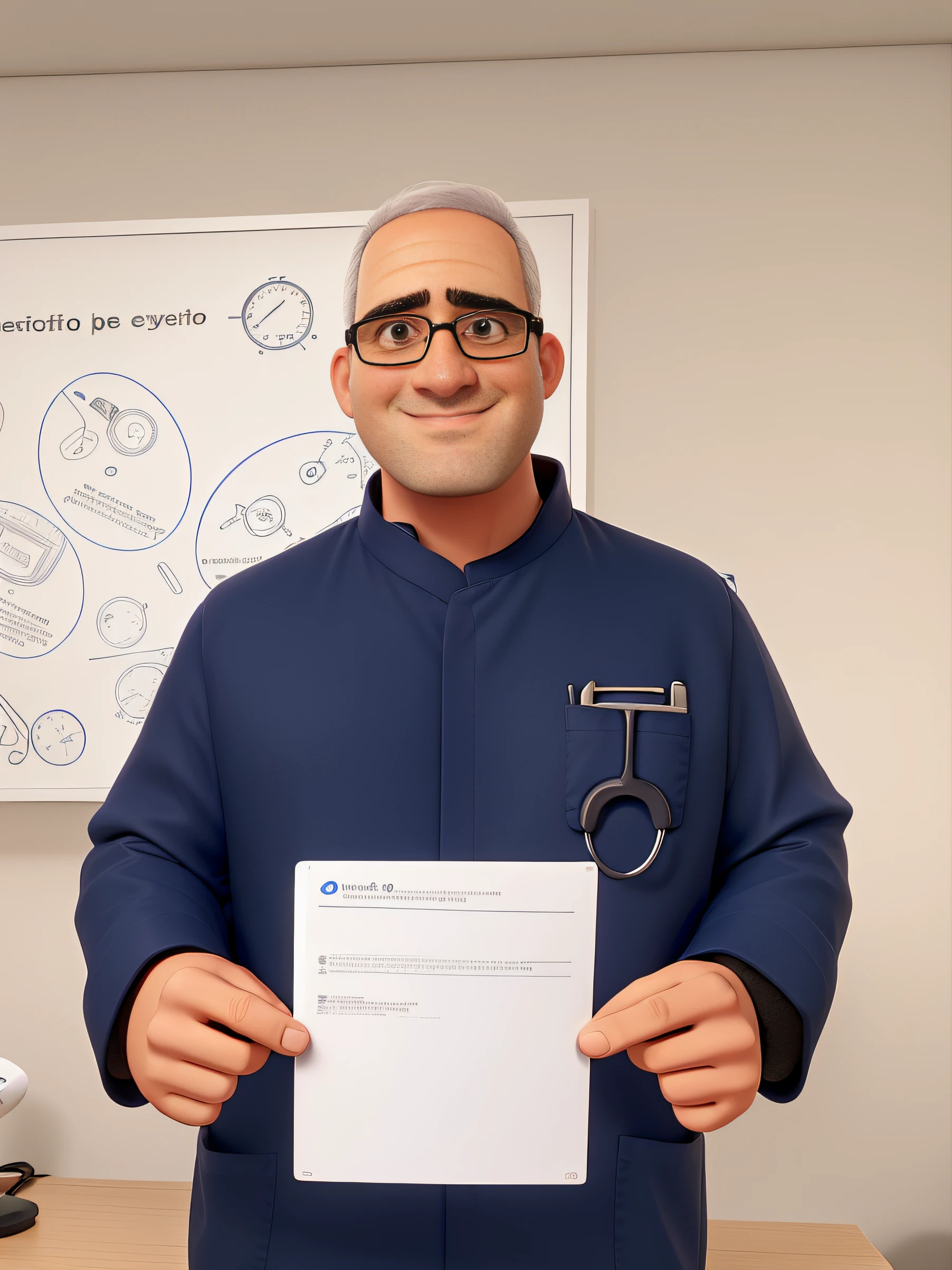 A White Doctor, With eye Glasses, meio careca, rosto mais gordinho, com jaleco azul escuro, inside a doctor's office