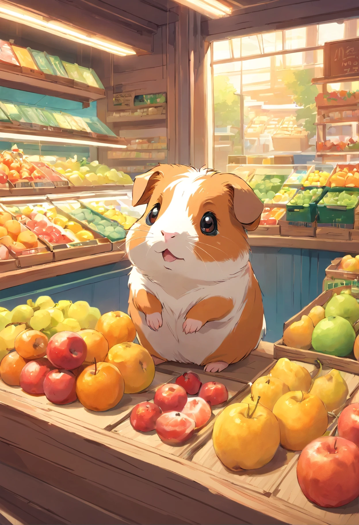 A guinea pig with cute round eyes , At the fruit shop , Daylight outside the window.